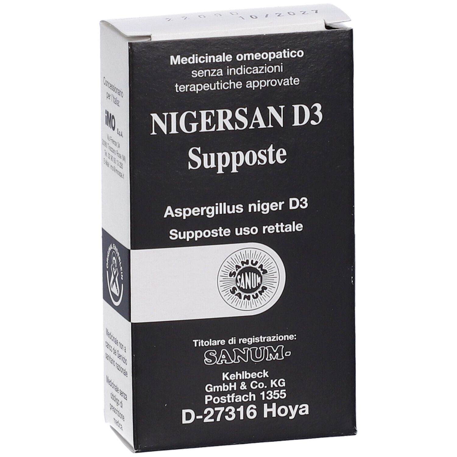 Scatola di Nigersan D3 Supposte. Confezione bianca e nera. Testo: Sanum, Nigersan D3, Supposte, Aspergillus niger D3.
