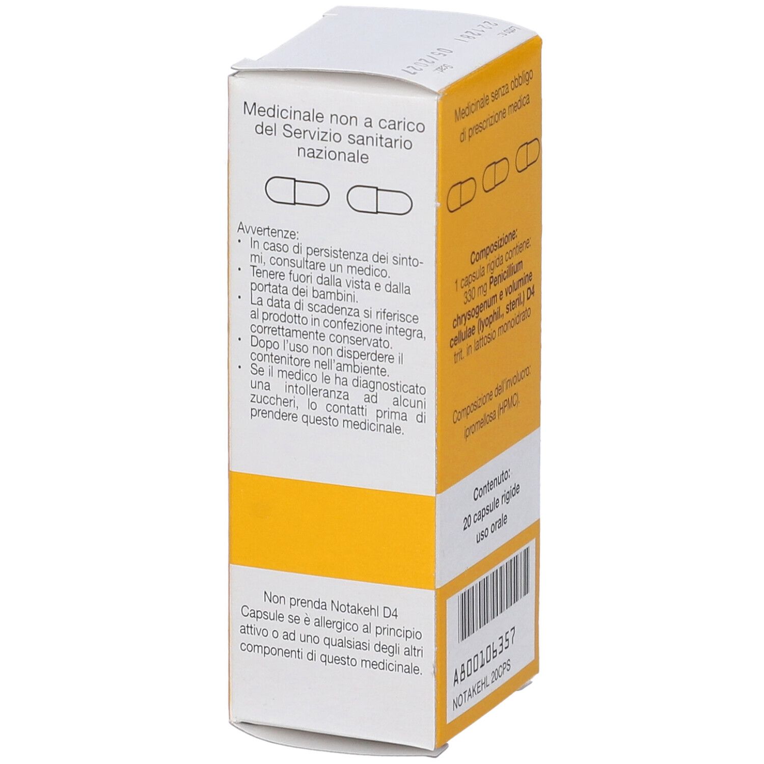 Scatola bianca e gialla. Testo in italiano. Contiene 20 capsule. Testo NOTAKEHL 20CPS.