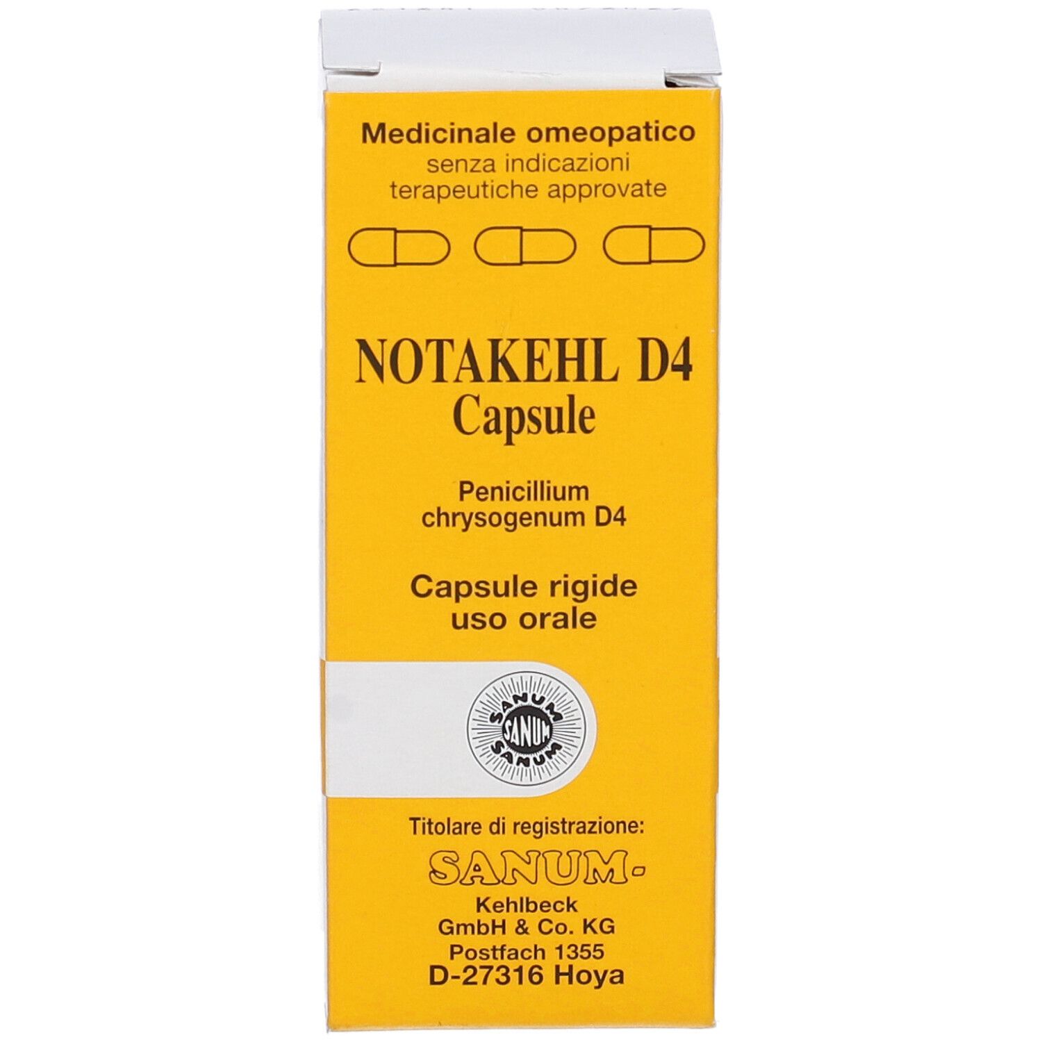 Scatola gialla con scritta NOTAKEHL D4 Capsule. Logo Sanum. Testo in italiano.