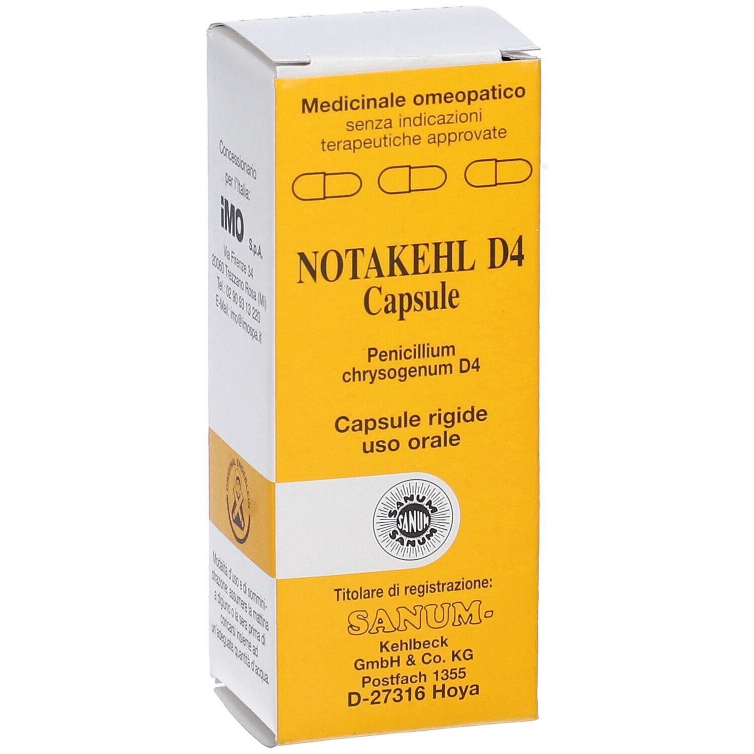 Scatola gialla con scritta NOTAKEHL D4 Capsule. Logo Sanum. Testo in italiano.