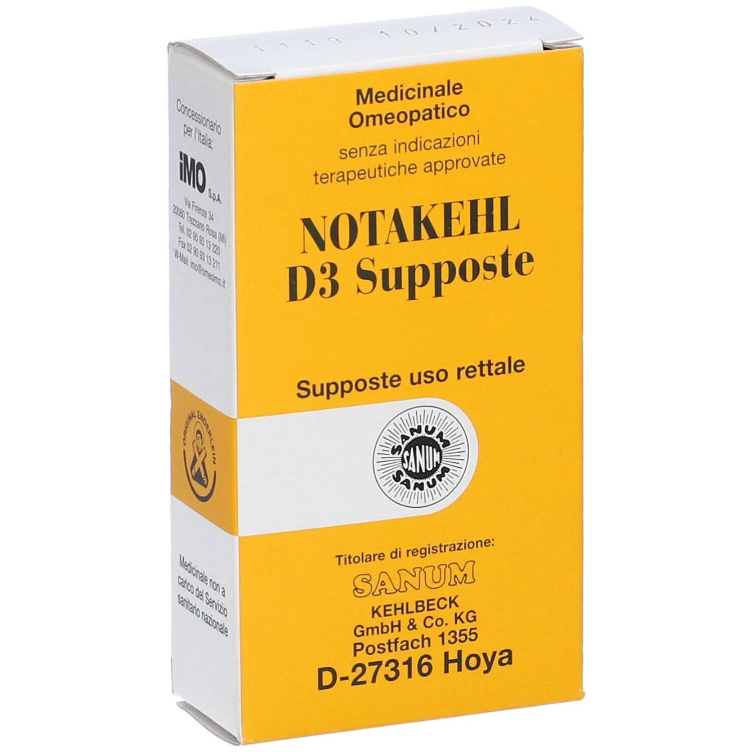 Scatola, gialla con coperchio bianco. Scritto: NOTAKEHL D3 Supposte. Logo: SANUM. Testo: Supposte uso rettale.
