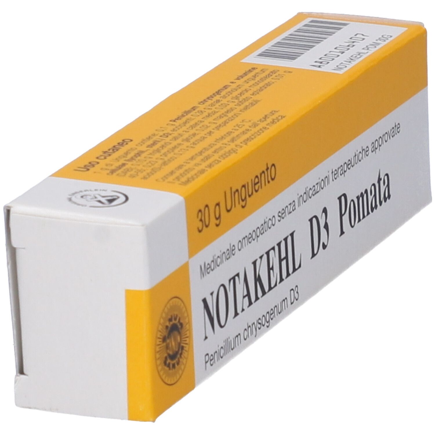 Scatola pieghevole gialla e bianca in diagonale. Scritto: NOTAKEHL D3 Pomata, 30 g Unguento. Informazioni sul prodotto.