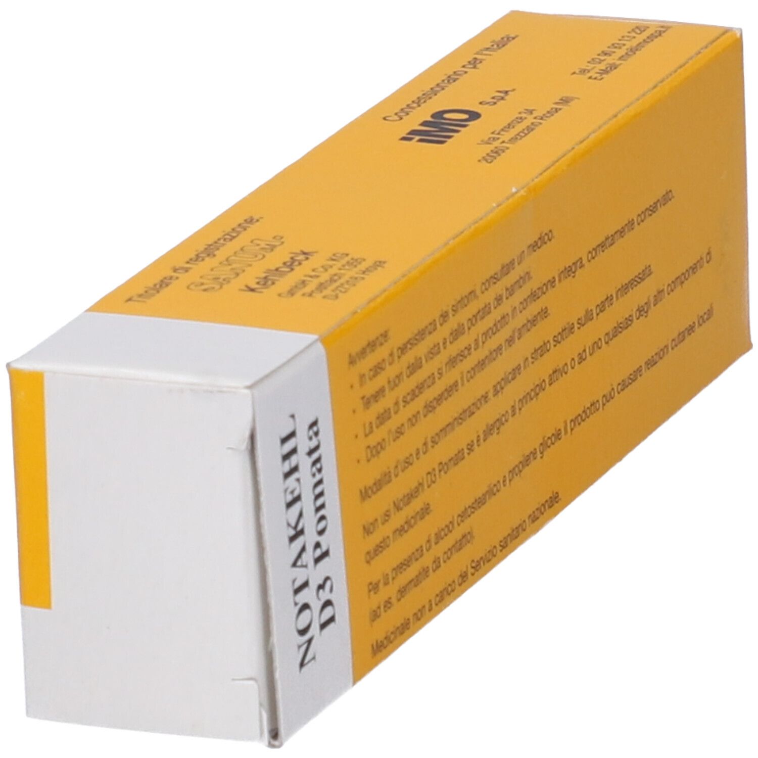 Scatola pieghevole gialla e bianca in diagonale. Scritto: NOTAKEHL D3 Pomata. Testo in italiano.