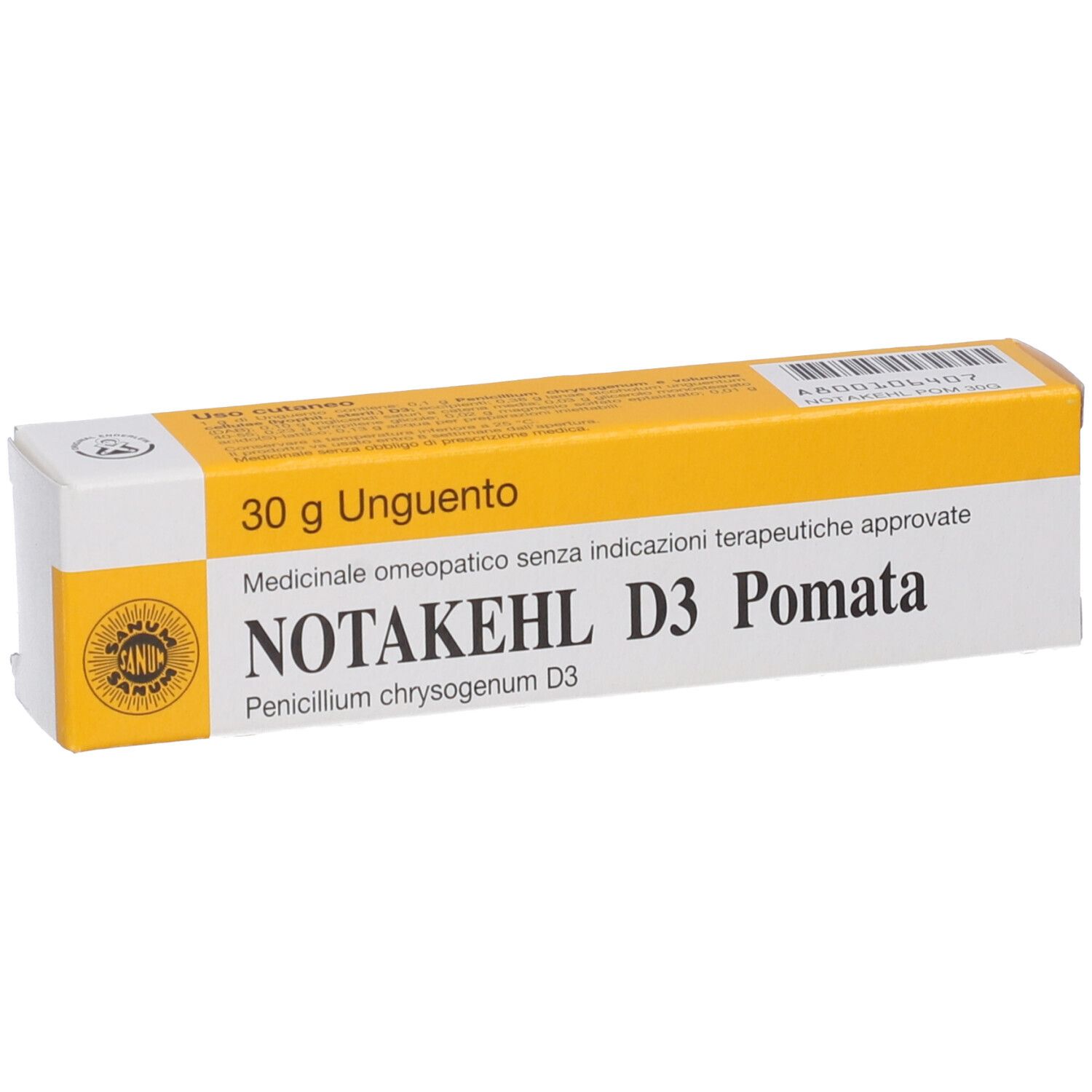 Scatola pieghevole gialla e bianca con informazioni sul prodotto. Scritto: NOTAKEHL D3 Pomata, 30 g Unguento.