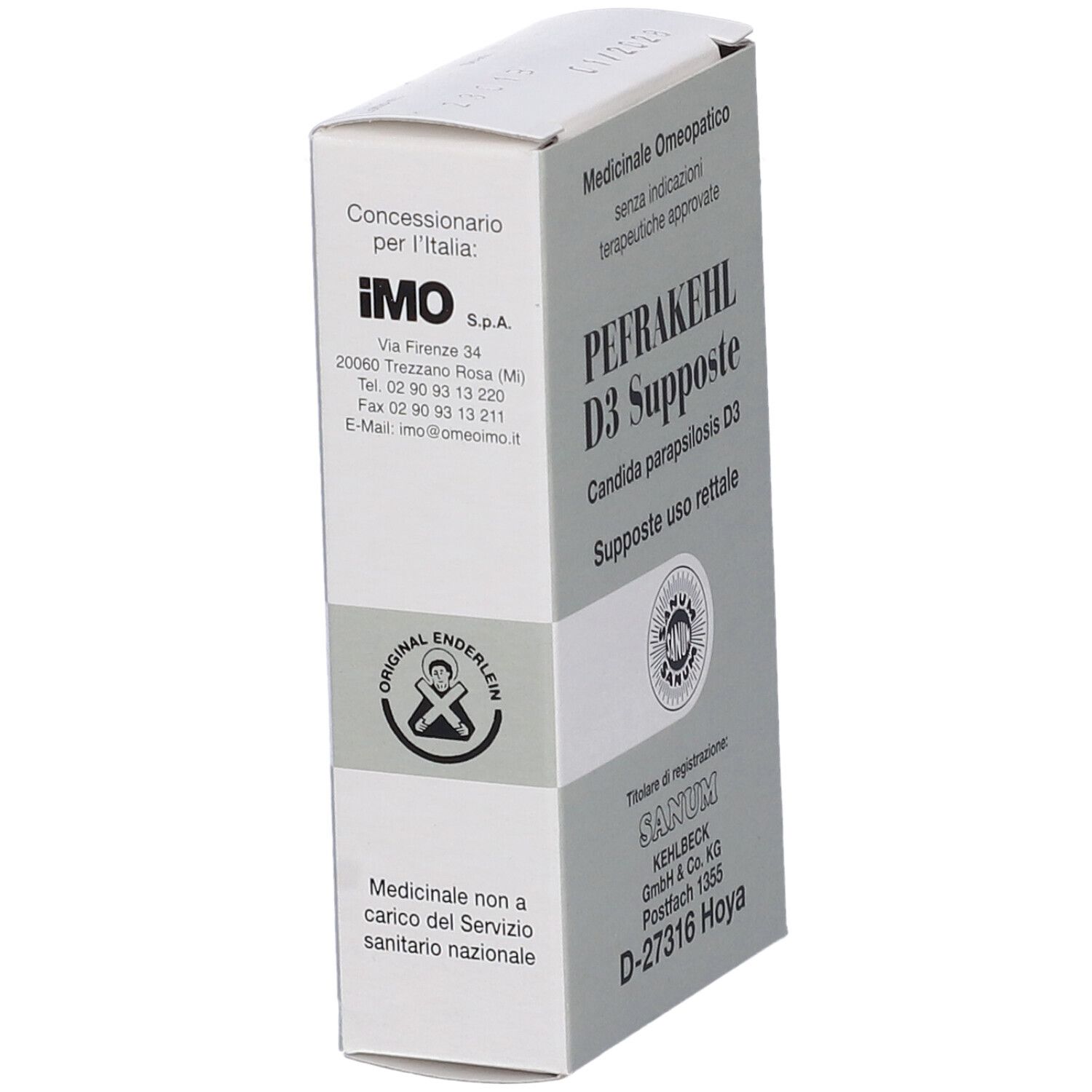 Scatola grigia con nome prodotto PEFRAKEHL D3 Supposte. Logo Sanum e altre informazioni testuali.