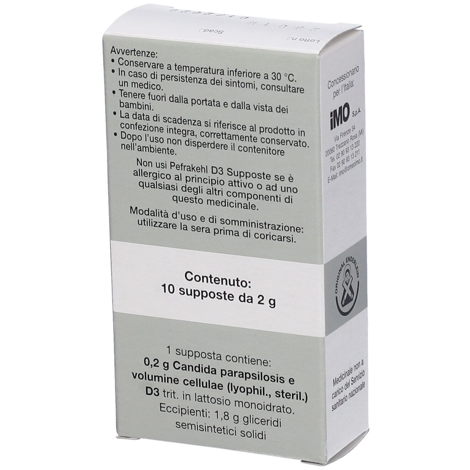 Retro della scatola grigia con testo: Contenuto 10 supposte da 2 g. Ingredienti e avvertenze.