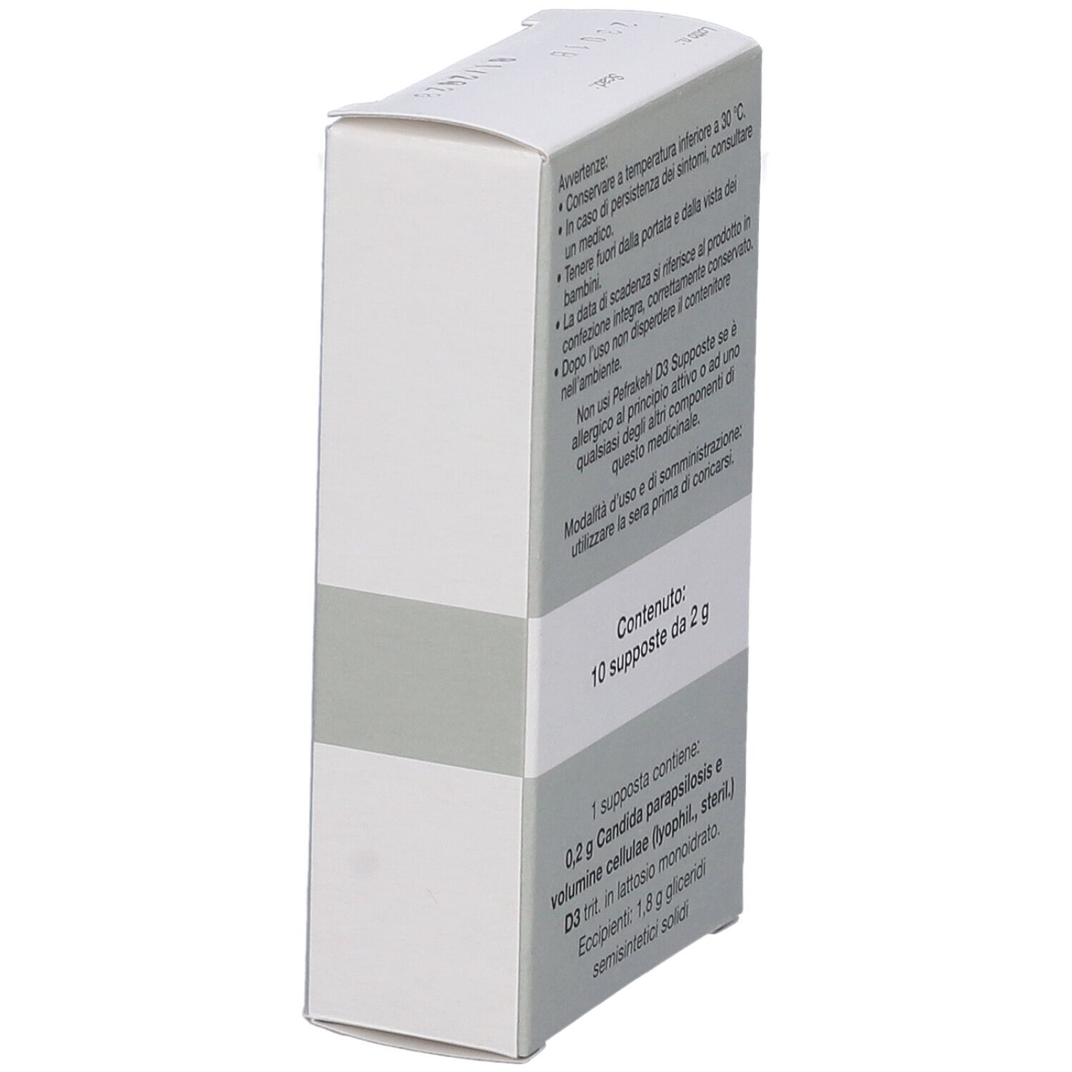 Retro della scatola grigia con testo: Contenuto 10 supposte da 2 g. Ingredienti e avvertenze.