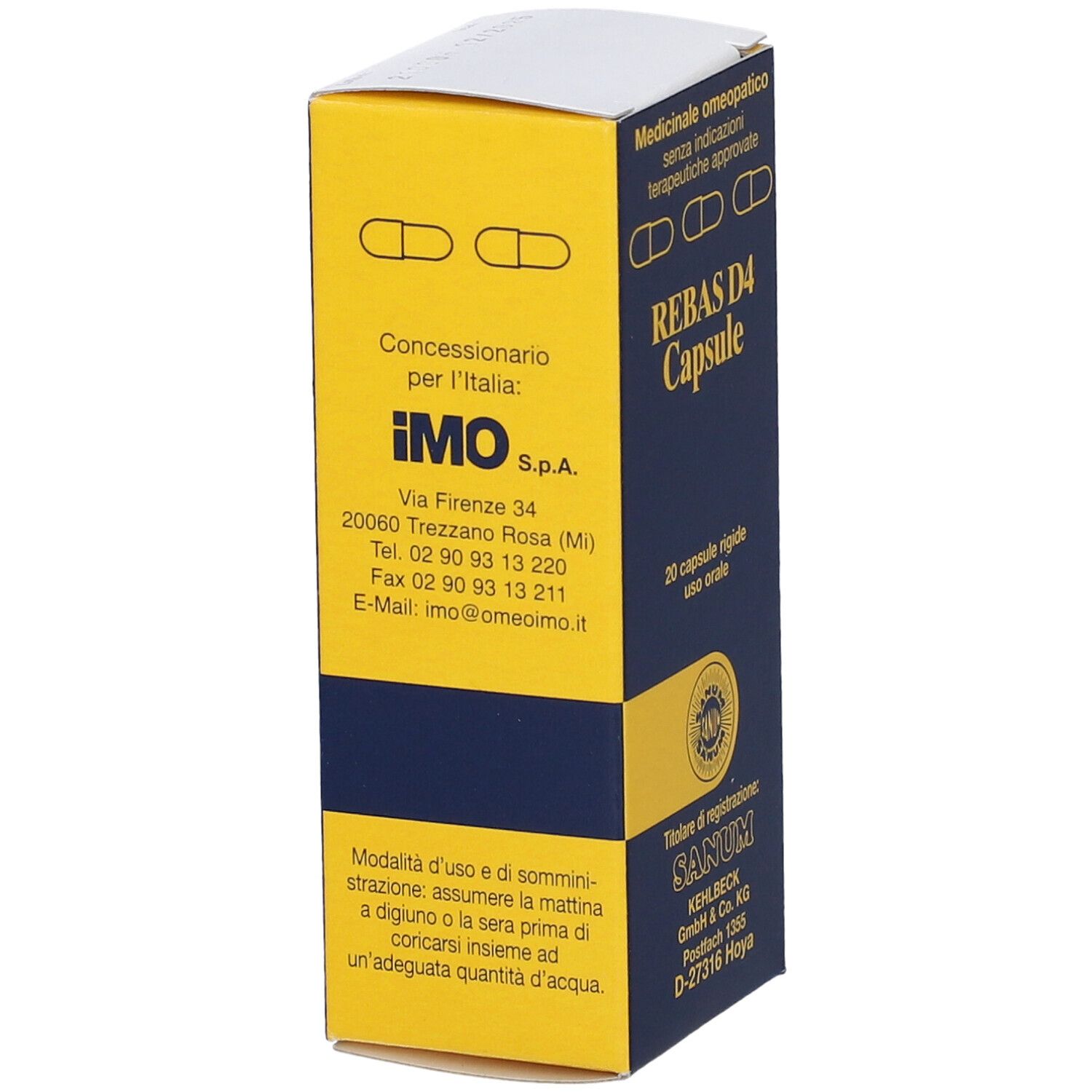 Lato della scatola blu e gialla con testo italiano. "REBAS D4 Capsule". Logo Sanum. IMO S.p.A.