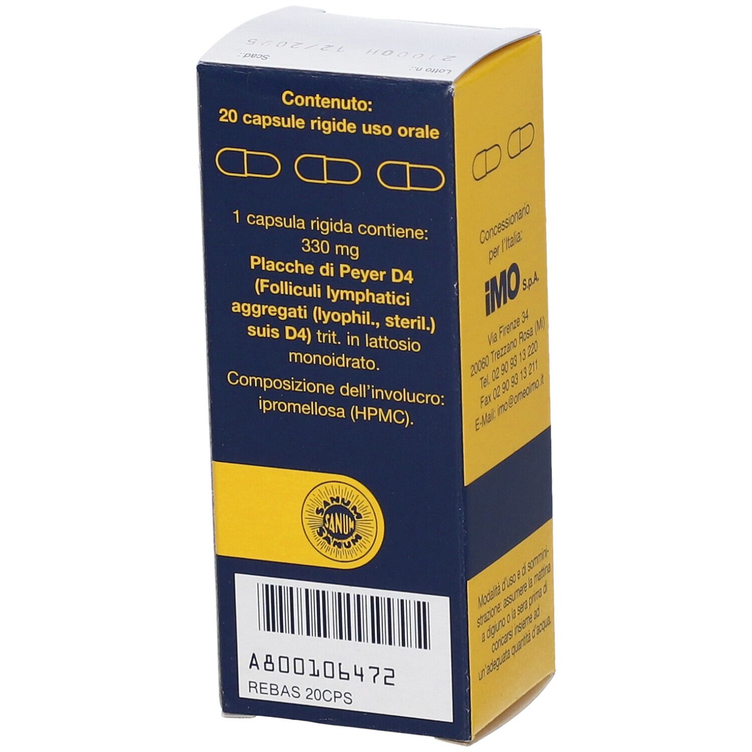 Retro della scatola blu e gialla. Testo italiano. "REBAS D4 Capsule". Logo Sanum. Ingredienti.