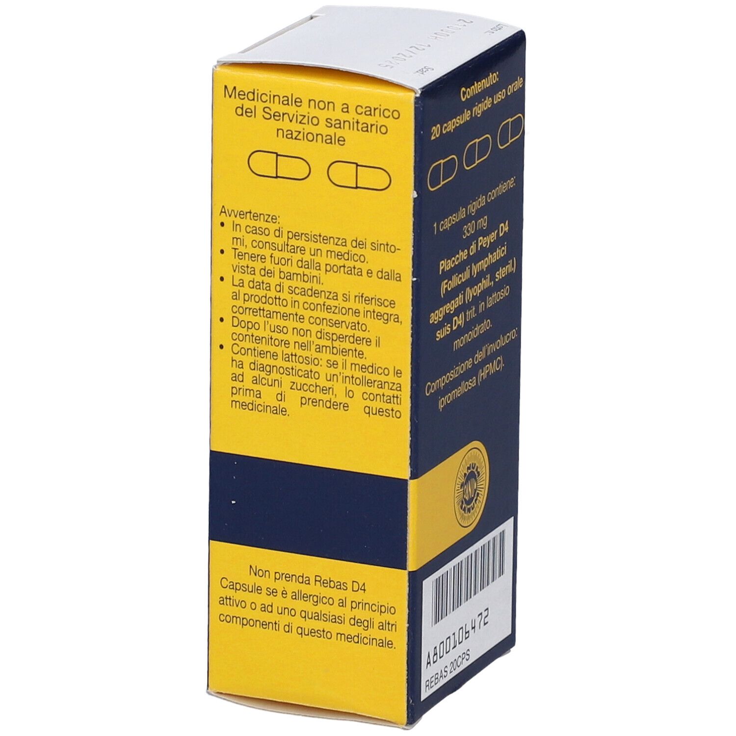 Lato della scatola blu e gialla con testo italiano. "REBAS D4 Capsule". Logo Sanum. Avvertenze.