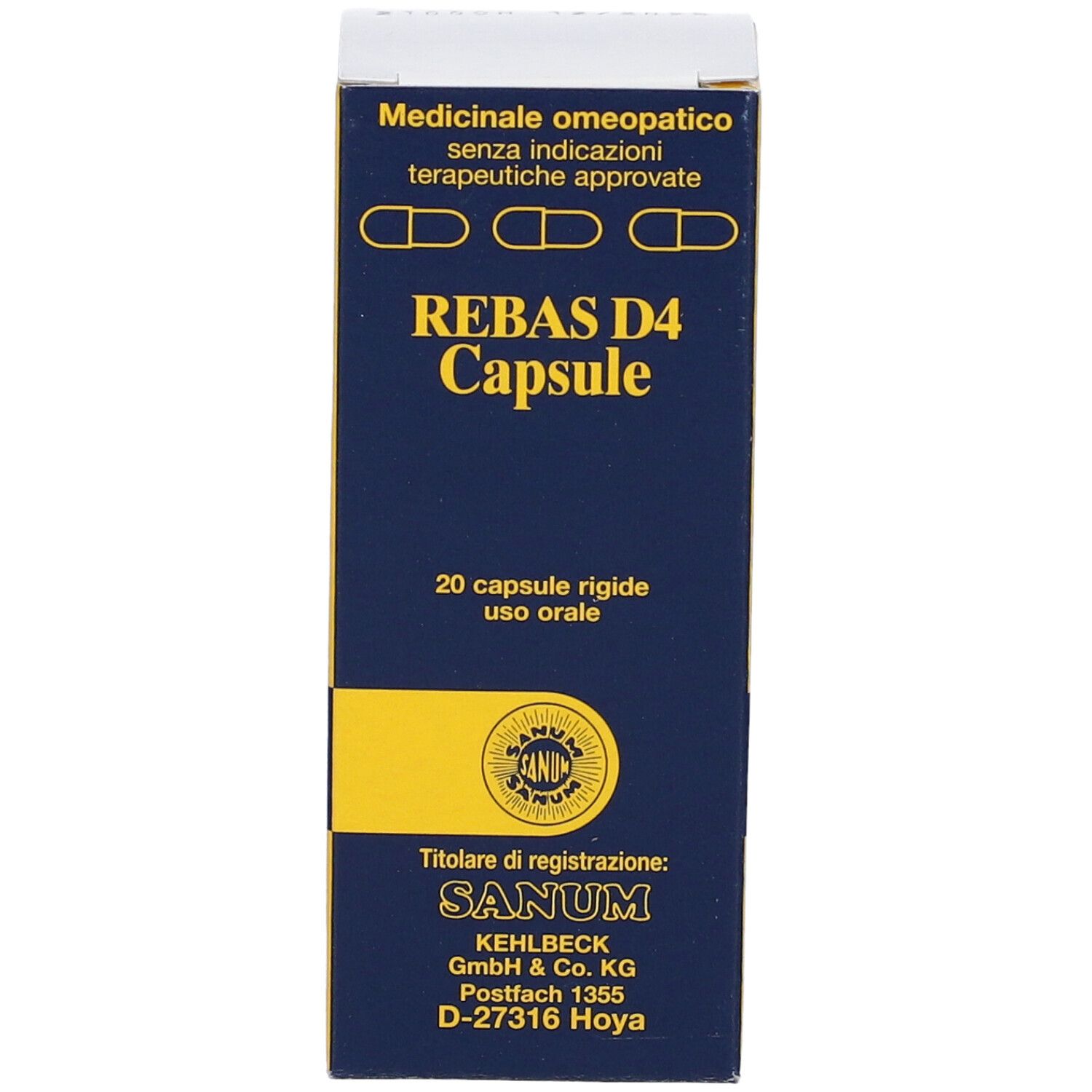 Scatola blu e gialla con testo "REBAS D4 Capsule". 20 capsule. Logo Sanum. Testo in italiano.