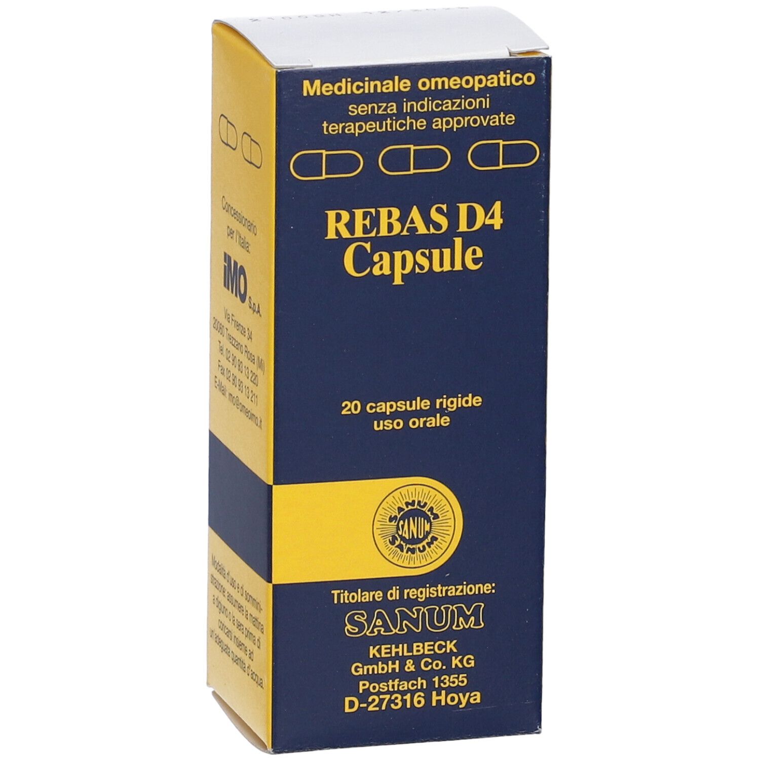 Scatola blu e gialla con testo "REBAS D4 Capsule". 20 capsule. Logo Sanum. Testo in italiano.