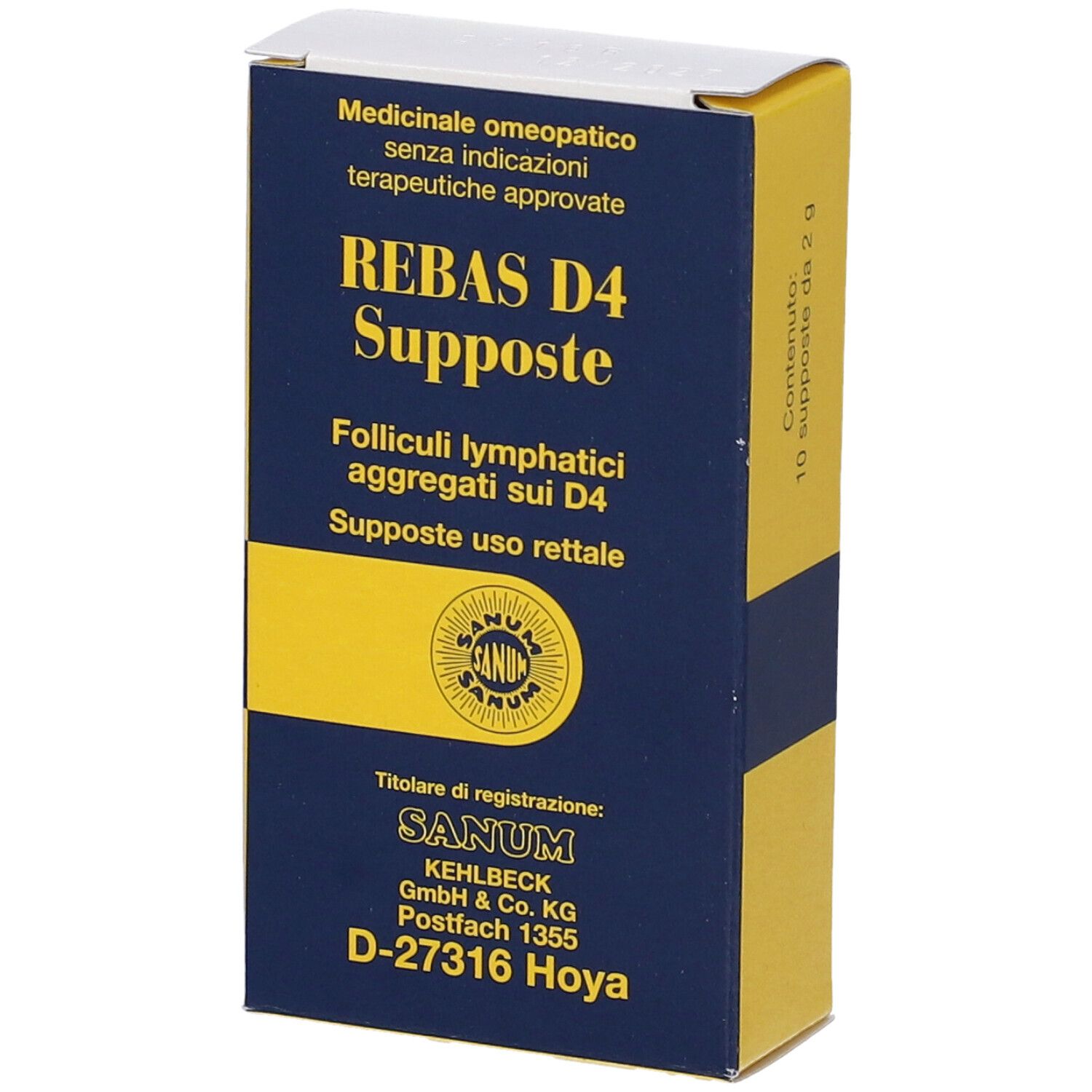 Scatola di REBAS D4 Supposte. Confezione blu e gialla con testo e logo.