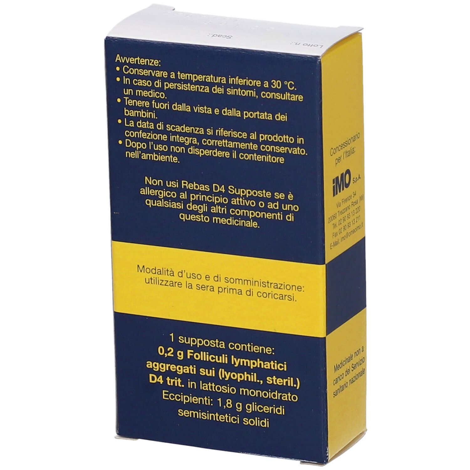 Retro della confezione di REBAS D4 Supposte. Contiene testo sugli ingredienti e l'uso.