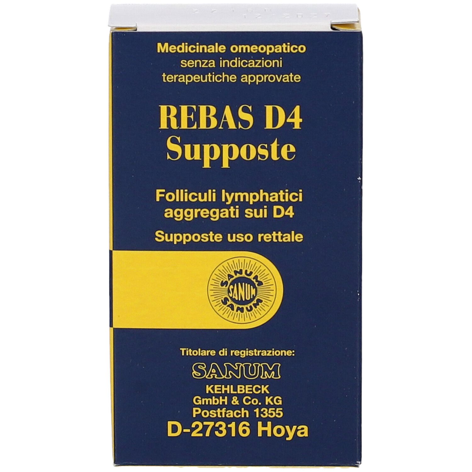 Vista frontale della confezione di REBAS D4 Supposte. Scatola blu e gialla con testo e logo.