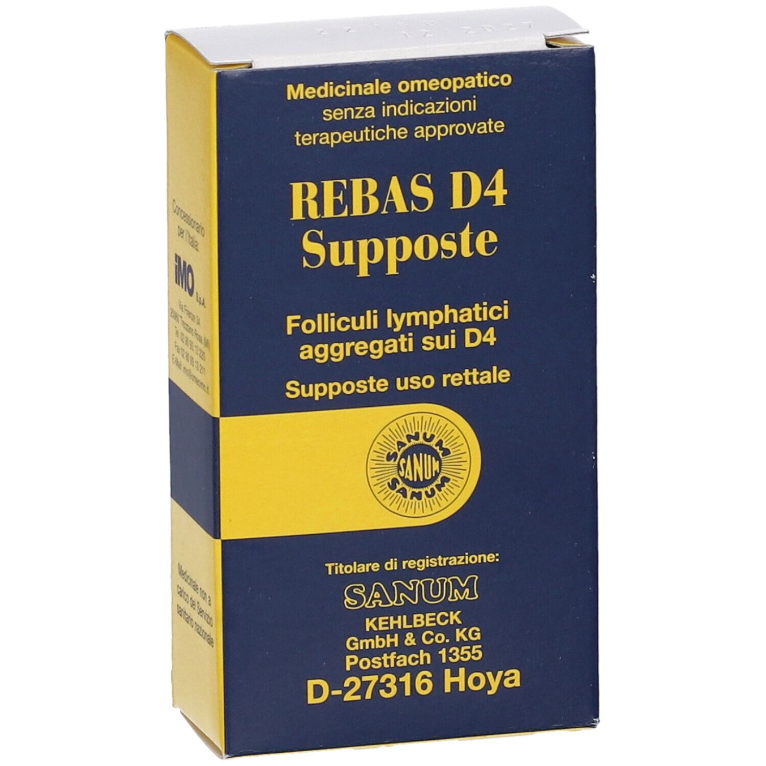 Vista frontale della confezione di REBAS D4 Supposte. Scatola blu e gialla con testo e logo.