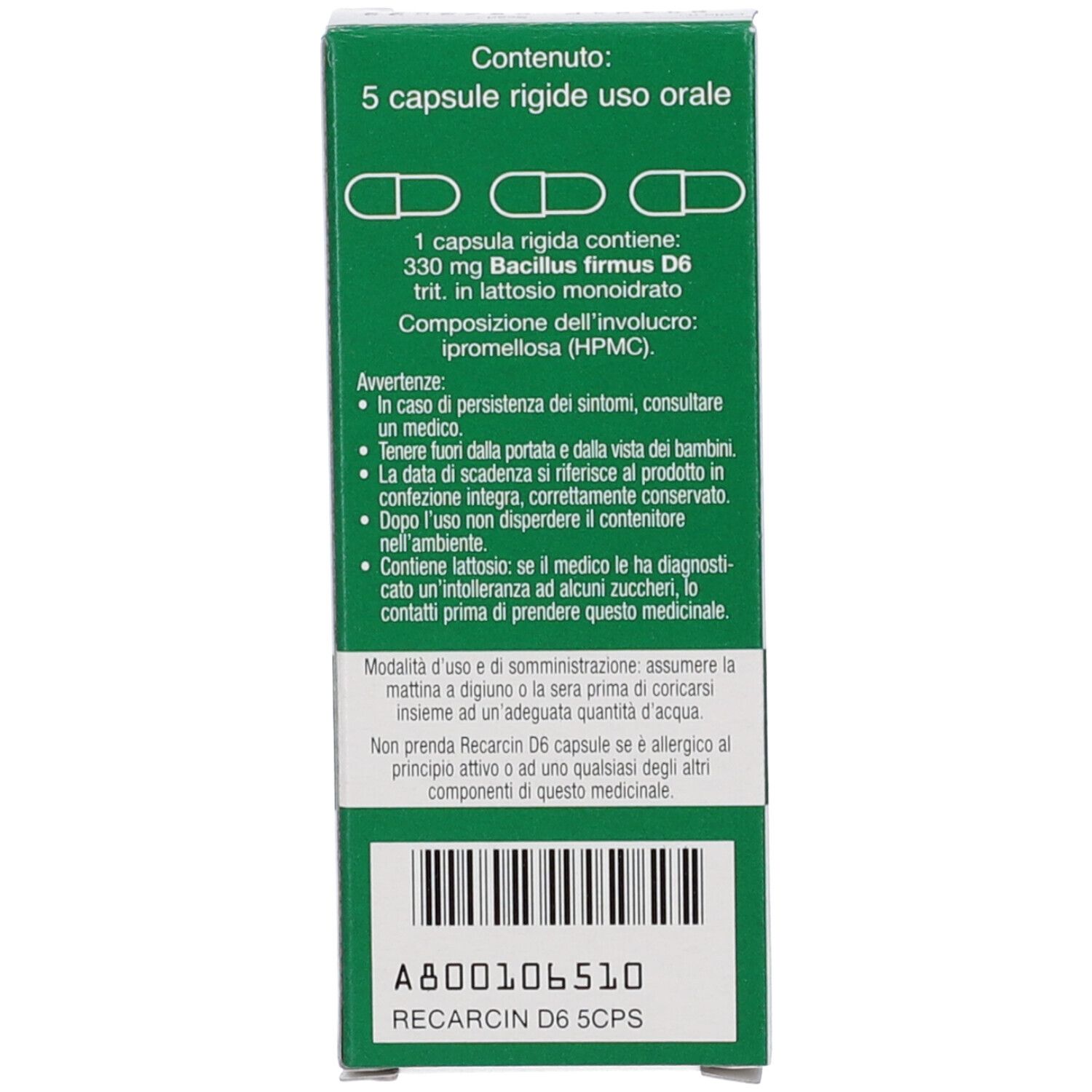 Retro della scatola verde. Informazioni testuali, tra cui "5 capsule rigide uso orale". Contiene ingredienti e avvertenze.