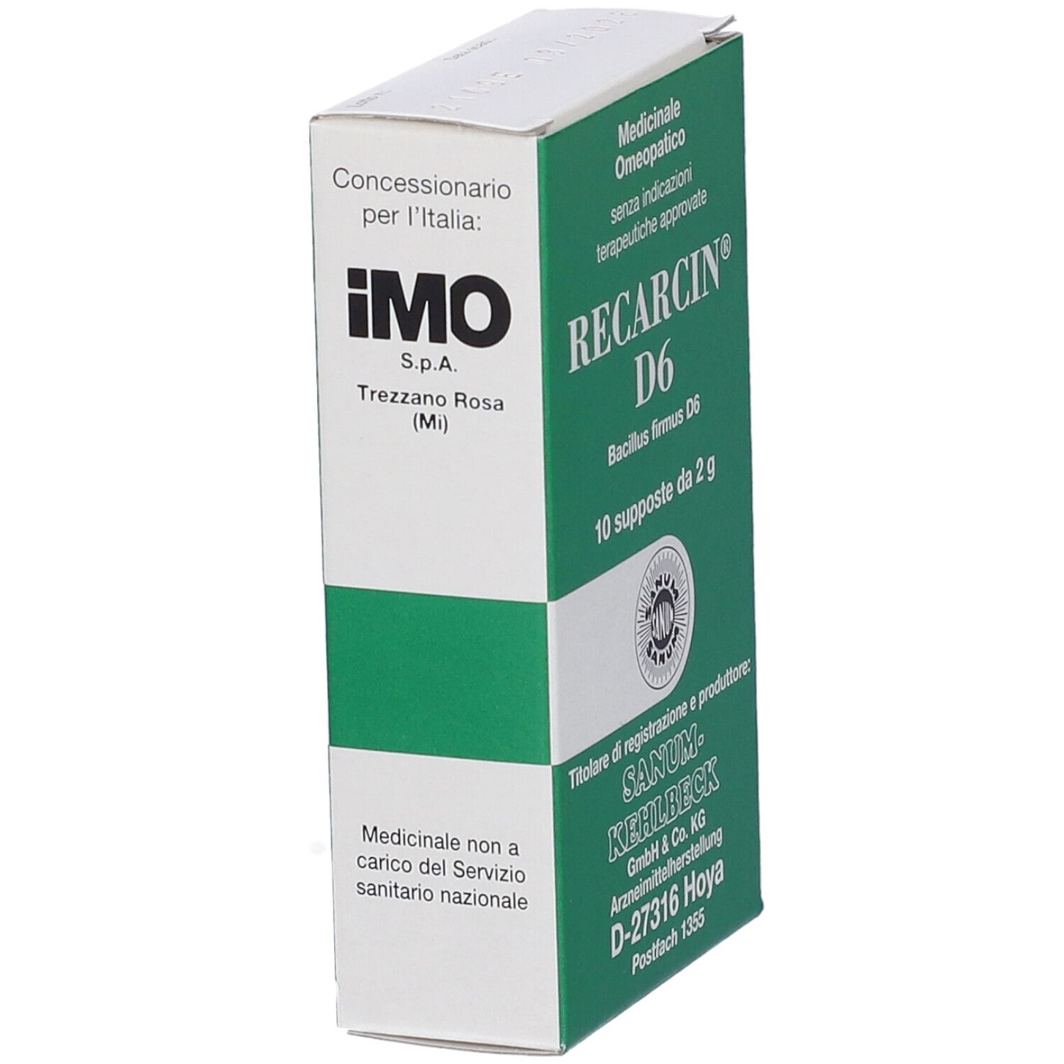 Confezione Sanum Recarcin D6 Supposte. Scatola verde e bianca, vista laterale. Testo: IMO, Sanum-Kehlbeck, 10 supposte.