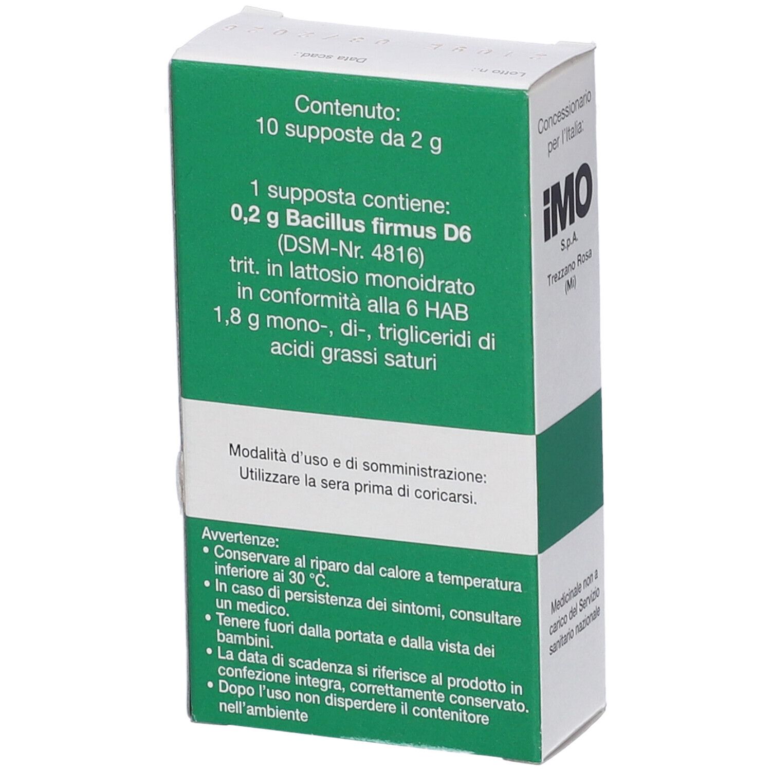 Retro della confezione Sanum Recarcin D6 Supposte. Contiene informazioni sugli ingredienti e l'uso. 10 supposte.