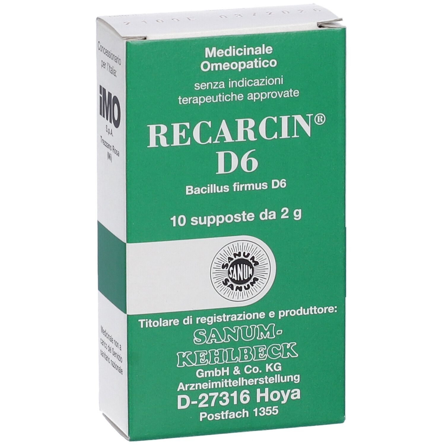 Confezione Sanum Recarcin D6 Supposte. Scatola verde e bianca con nome e logo. 10 supposte.