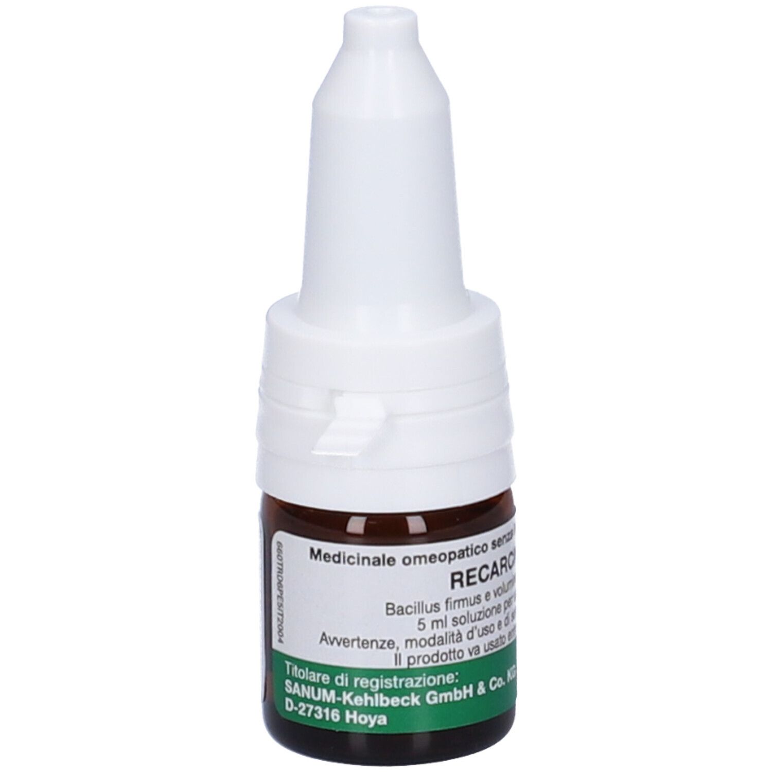 Flacone di vetro marrone con tappo bianco. Scritta: Recarcin D6. Produttore: Sanum-Kehlbeck GmbH & Co. KG. Dispositivo medico.