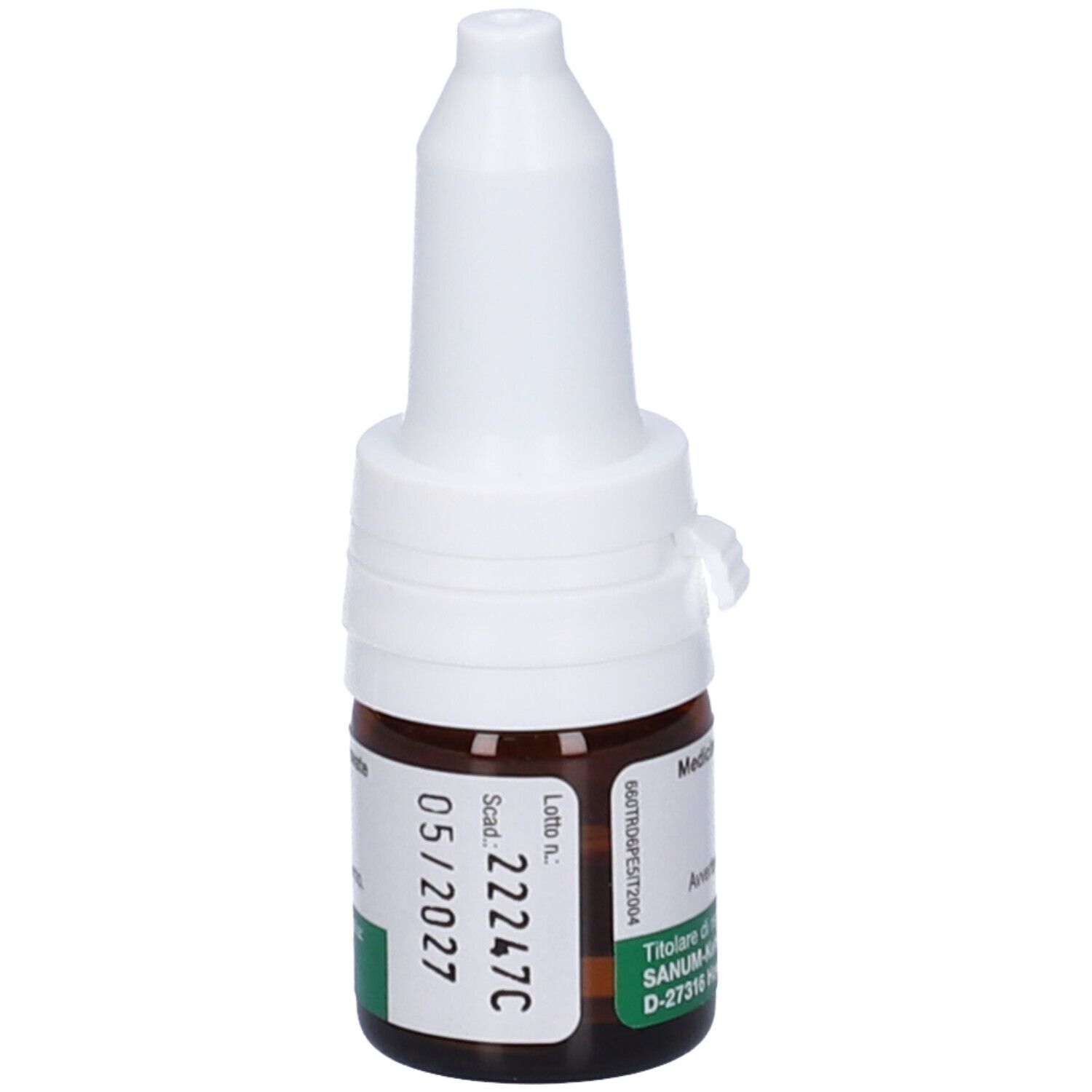 Flacone di vetro marrone con tappo bianco. Stampa: Scadenza 05/2027. Scritta: Recarcin D6 Gocce. Produttore: Sanum.