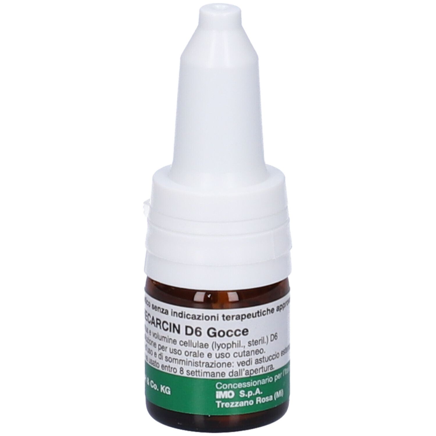 Flacone di vetro marrone con tappo bianco. Scritta: Recarcin D6 Gocce. Produttore: Sanum-Kehlbeck GmbH & Co. KG.