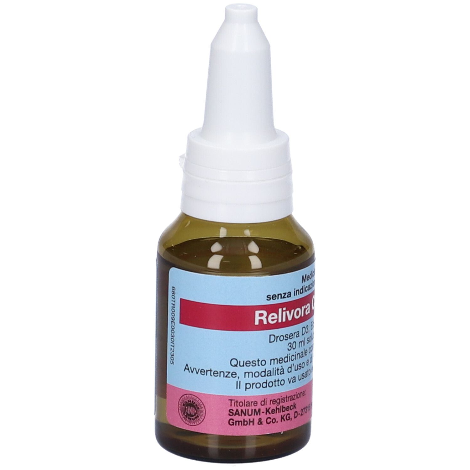 Flacone di vetro marrone con contagocce bianco. Etichetta con nome Relivora Complex Gocce e avvertenze.