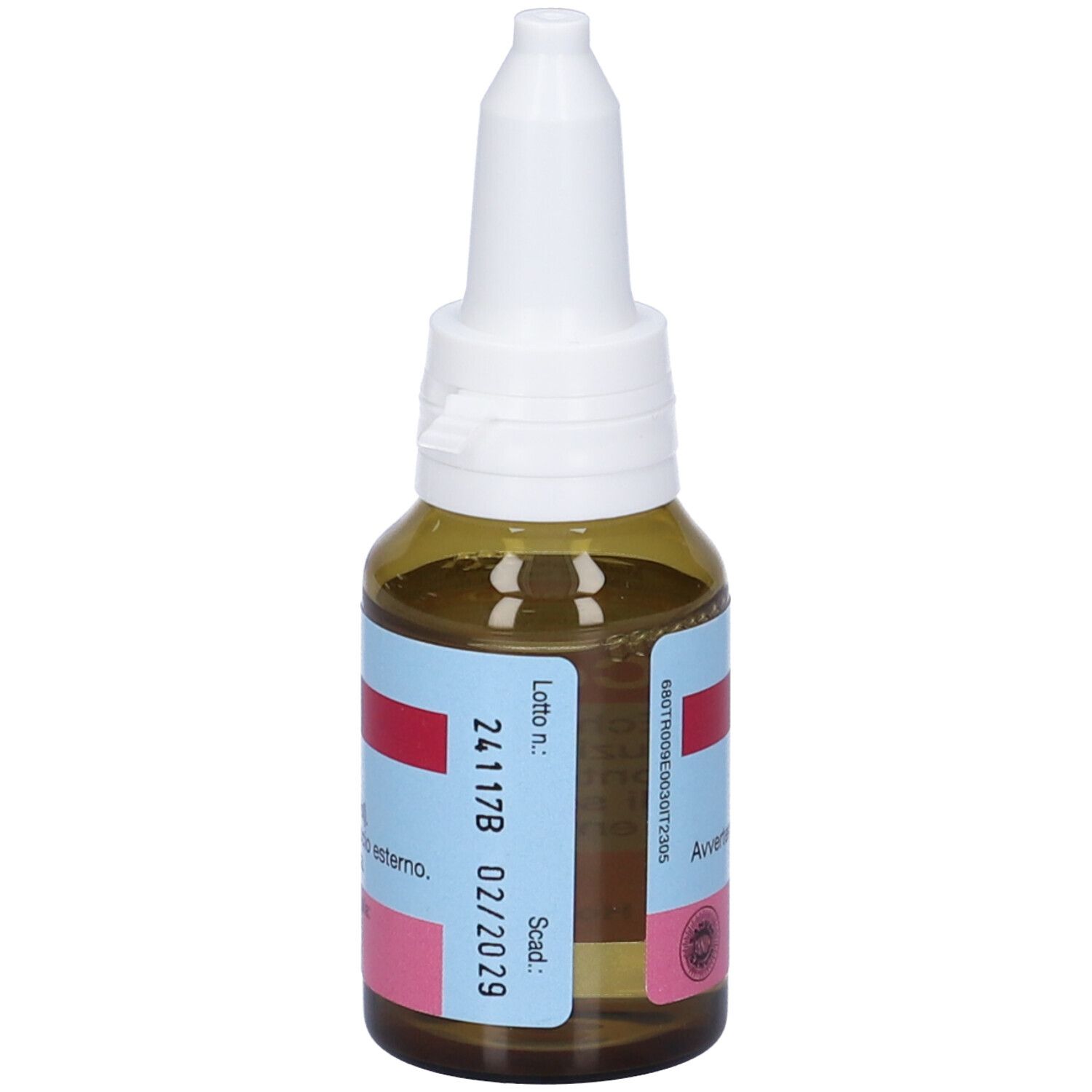 Flacone di vetro marrone con contagocce bianco. Etichetta con numero di lotto e scadenza. Nome del prodotto non visibile.