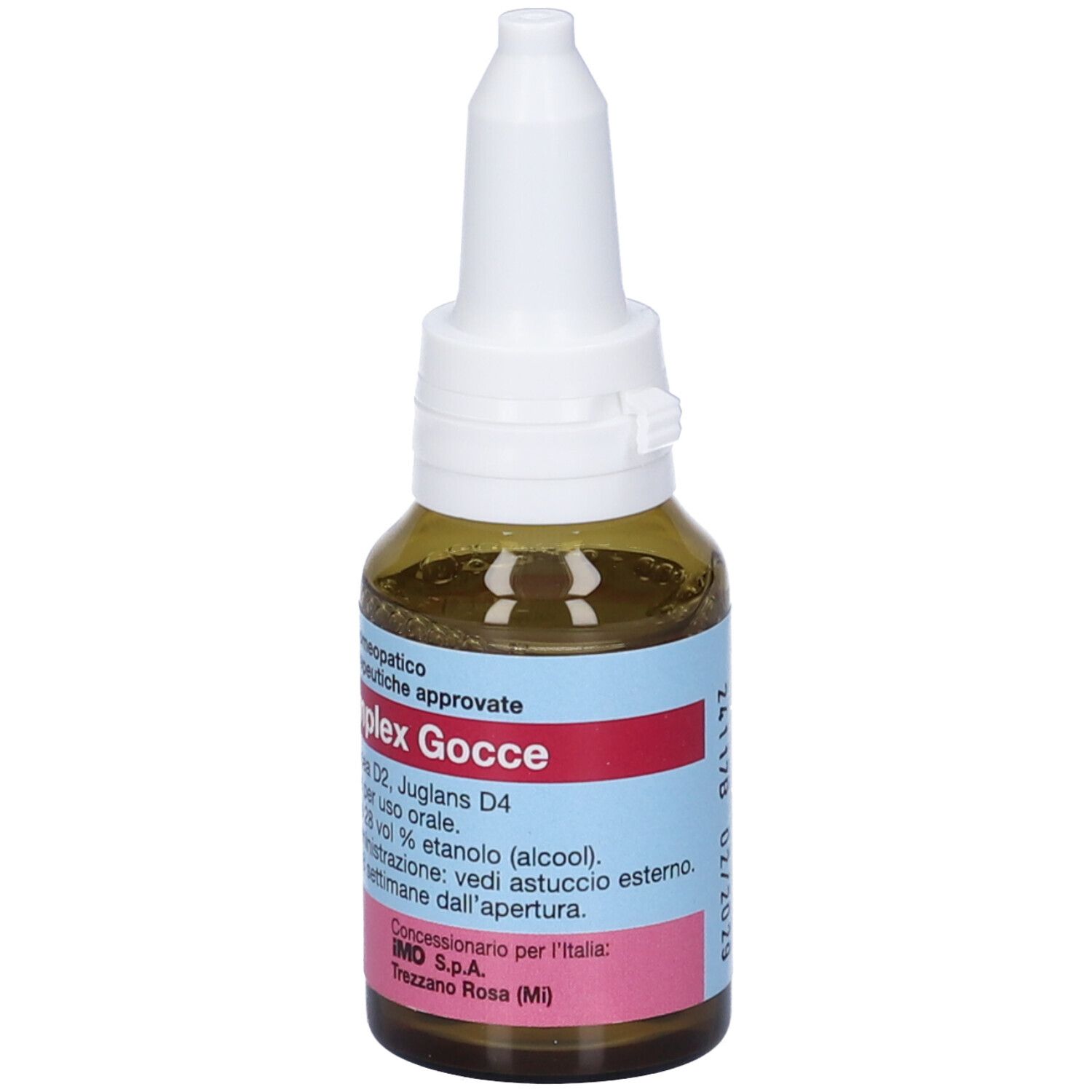 Flacone di vetro marrone con contagocce bianco. Etichetta con nome Complex Gocce e ingredienti.