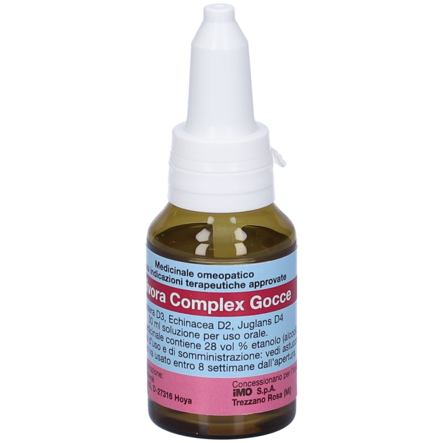 Flacone di vetro marrone con contagocce bianco. Etichetta con nome Relivora Complex Gocce e ingredienti.