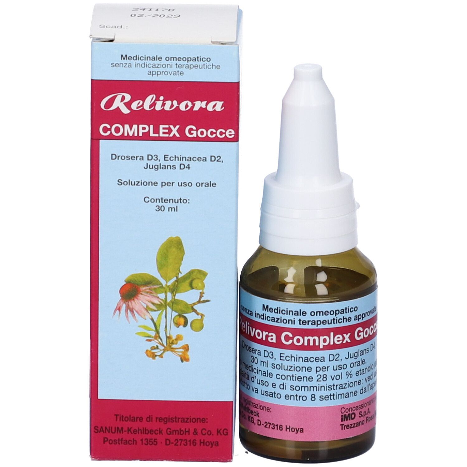 Flacone e confezione del prodotto. Confezione con nome Relivora Complex Gocce e illustrazione.