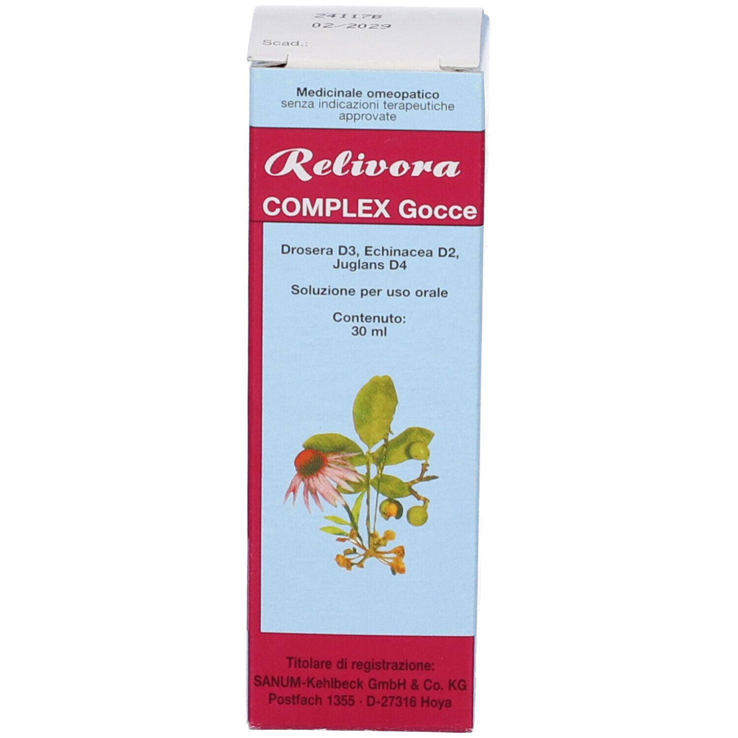 Confezione del prodotto con nome Relivora Complex Gocce e illustrazione.