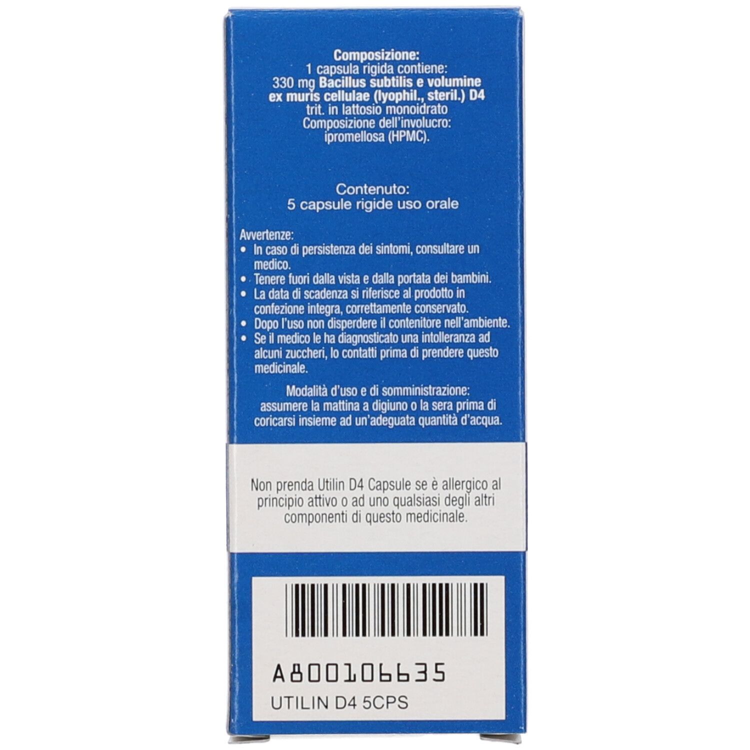 Scatola blu con testo. Contiene 5 capsule. Testo: "Utilin D4 5CPS". In basso codice a barre e riferimento A800106635.