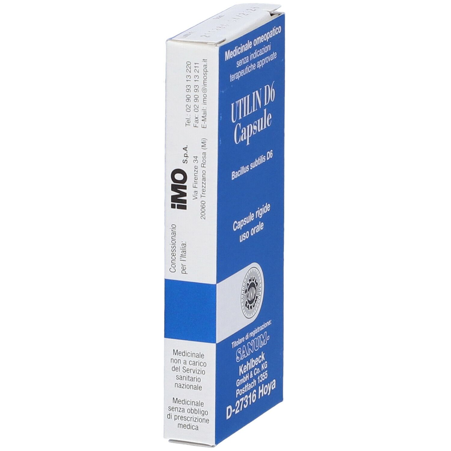 Scatola 'UTILIN D6 Capsule'. Colori blu e bianco. Logo Sanum. Scritta in italiano.