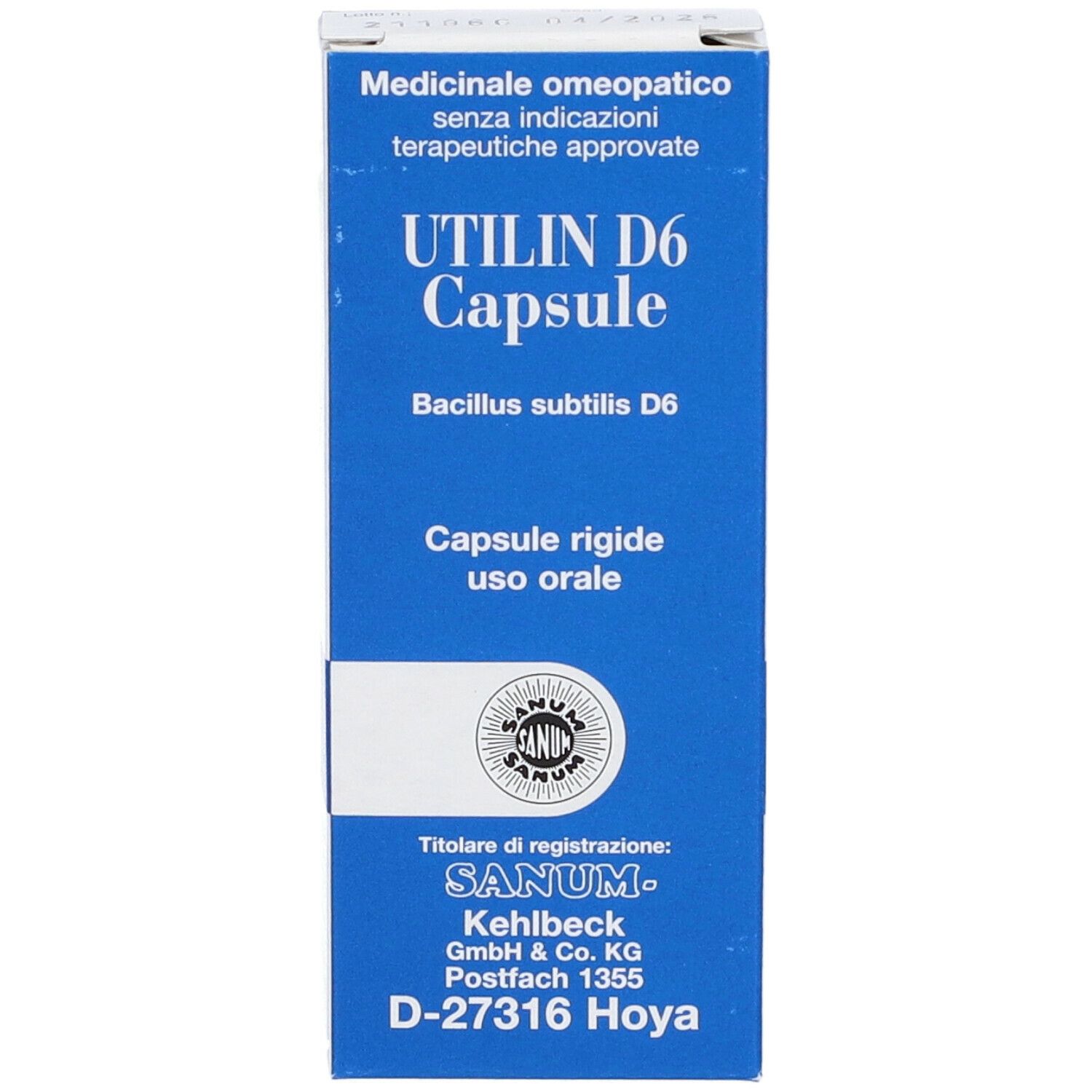 Scatola blu e bianca con 'UTILIN D6 Capsule'. Logo Sanum e testo. Scritta in italiano.