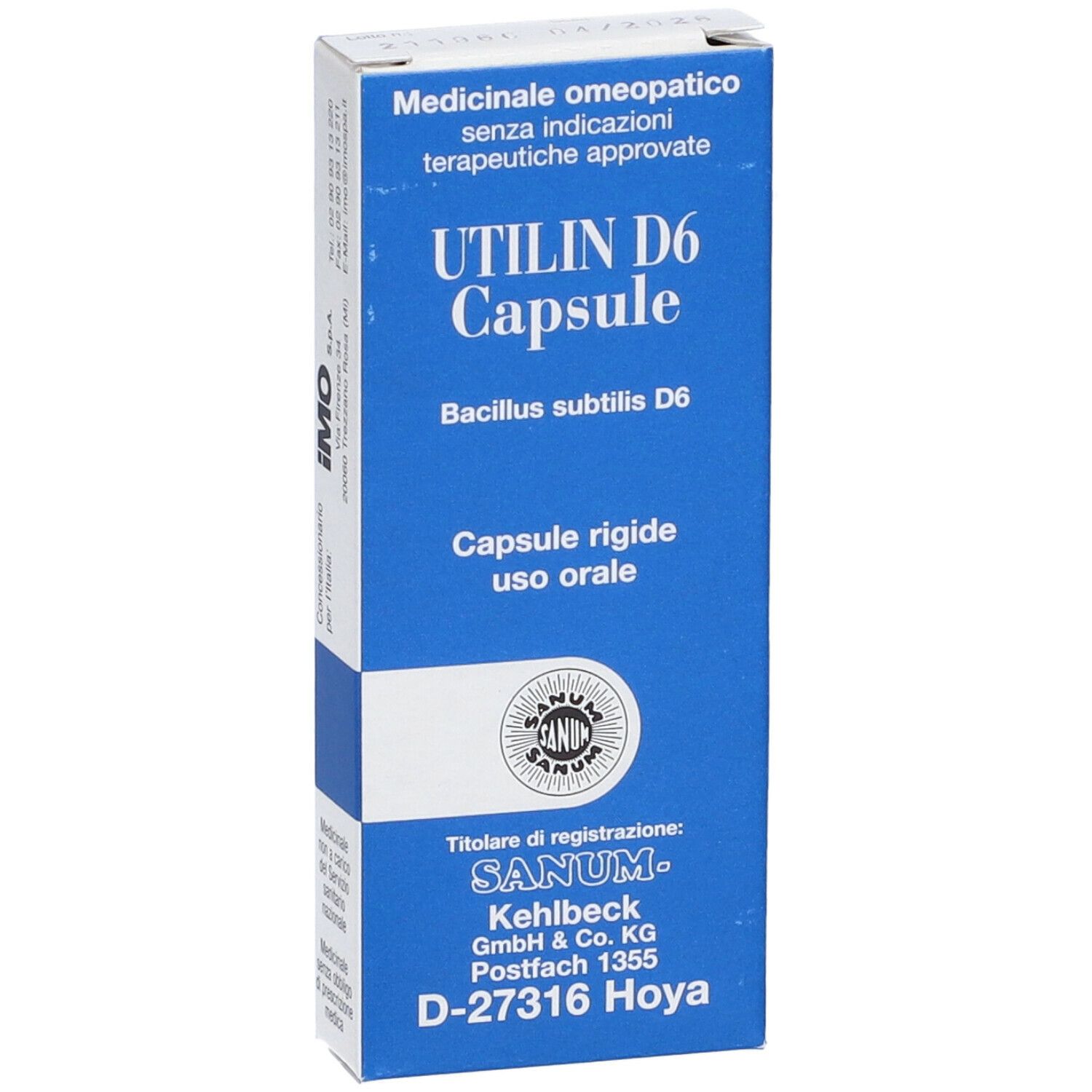 Scatola blu e bianca con 'UTILIN D6 Capsule'. Logo Sanum e testo. Scritta in italiano.