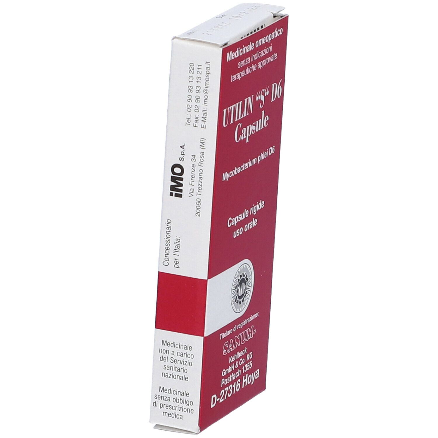Scatola di capsule UTILIN "S" D6. Confezione rossa e bianca. Stampa: nome del prodotto, logo SANUM e informazioni di contatto. Angolo di visione.