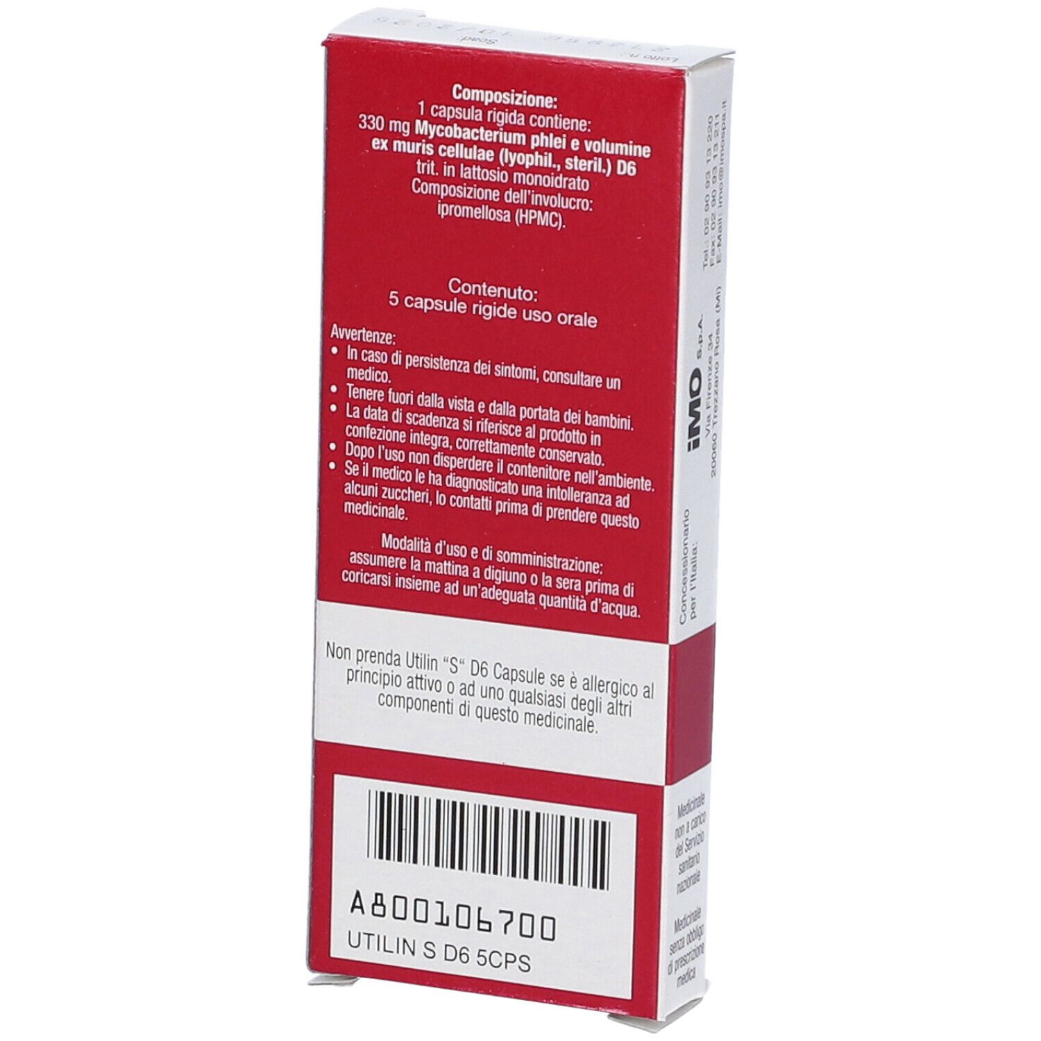 Retro della confezione di capsule UTILIN "S" D6. Contiene informazioni su ingredienti, contenuto, avvertenze e codice a barre.