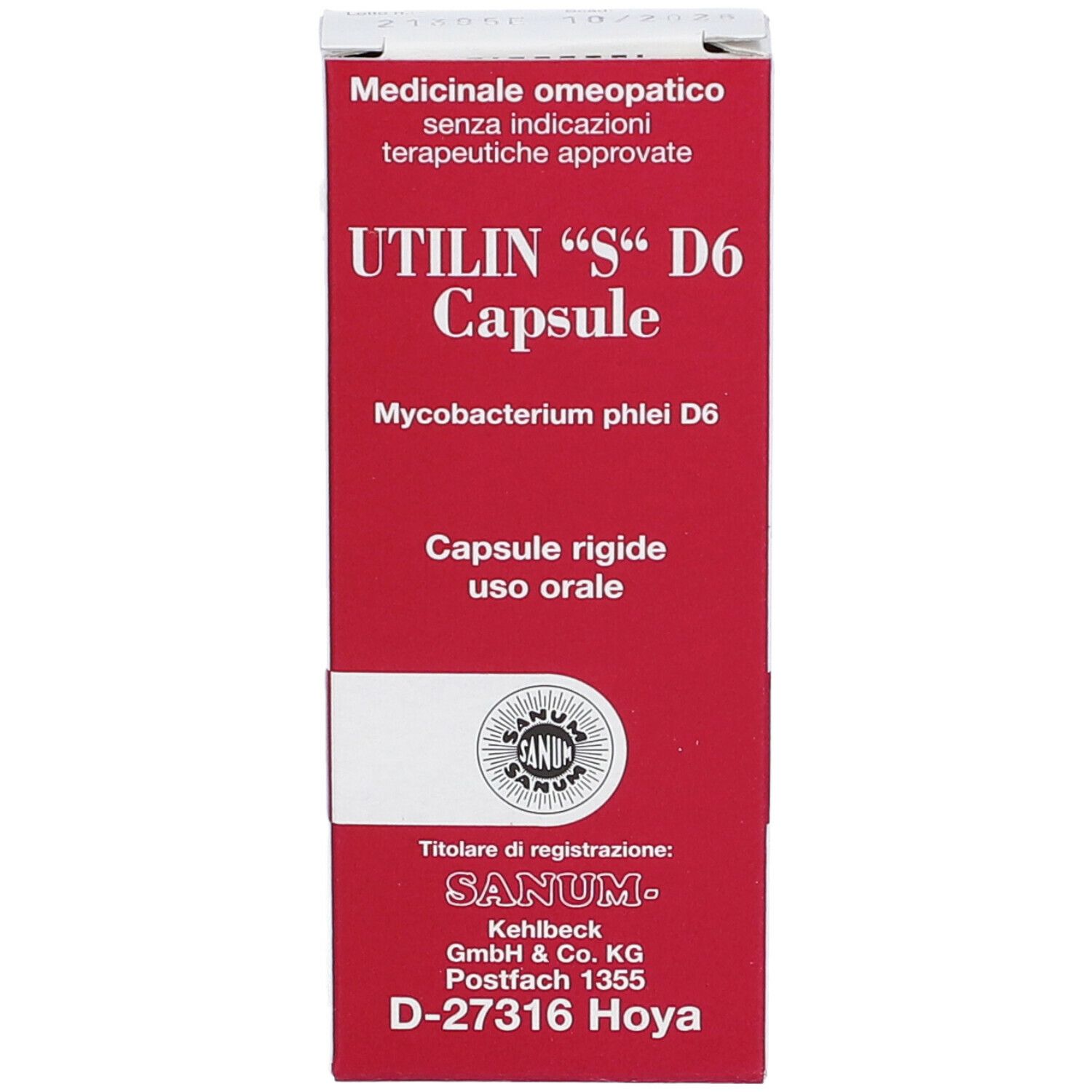 Scatola di capsule UTILIN "S" D6. Confezione rossa e bianca con nome del prodotto e logo SANUM. Testo superiore: Medicinale.