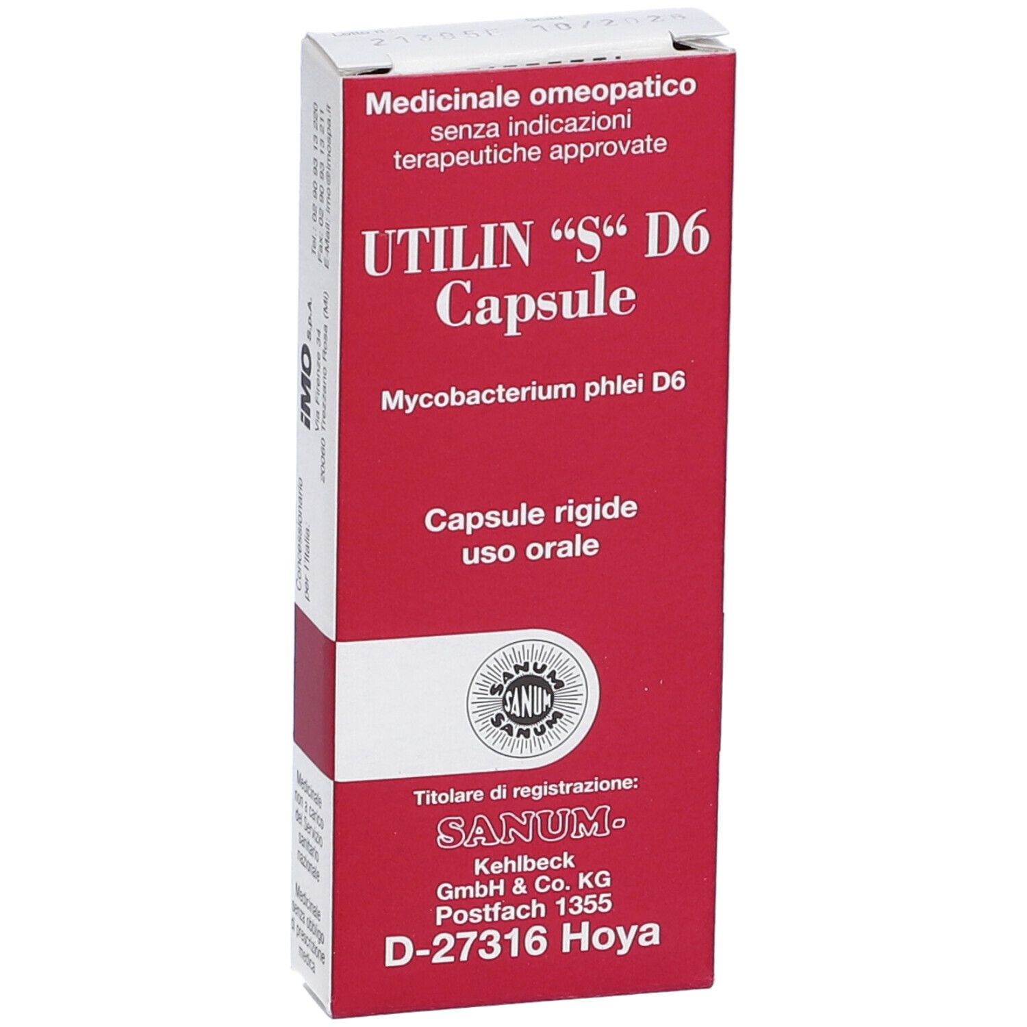Scatola di capsule UTILIN "S" D6. Confezione rossa e bianca con nome del prodotto e logo SANUM. Testo superiore: Medicinale.