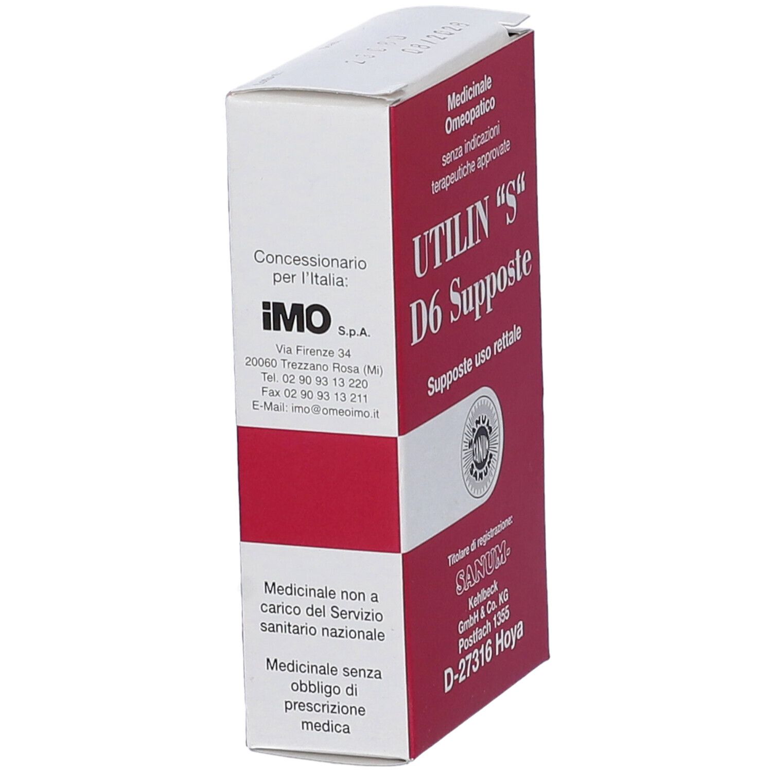 Vista laterale della confezione Utilin "S" D6 Supposte. Scatola rossa e bianca con testo e logo.