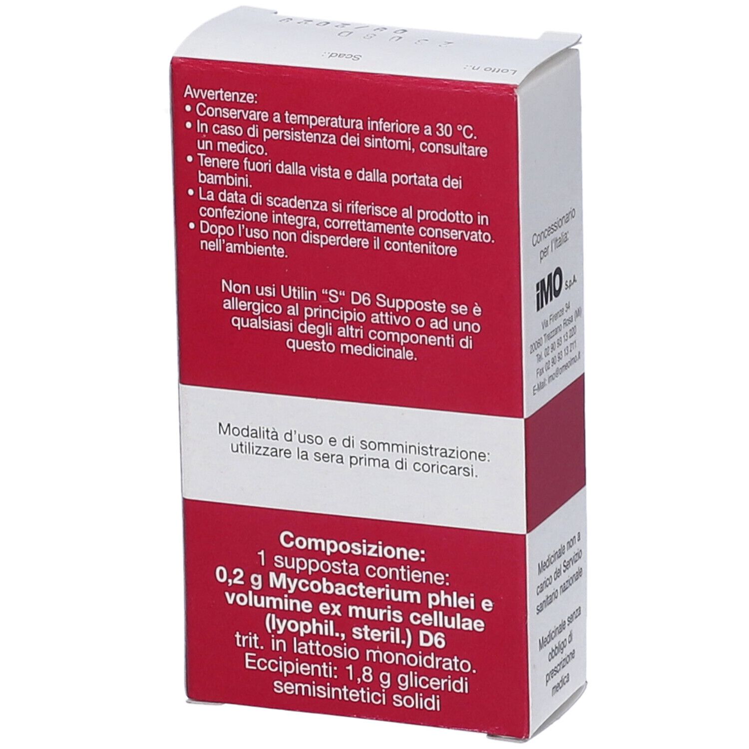 Retro della confezione Utilin "S" D6 Supposte. Contiene testo sugli ingredienti e l'uso.