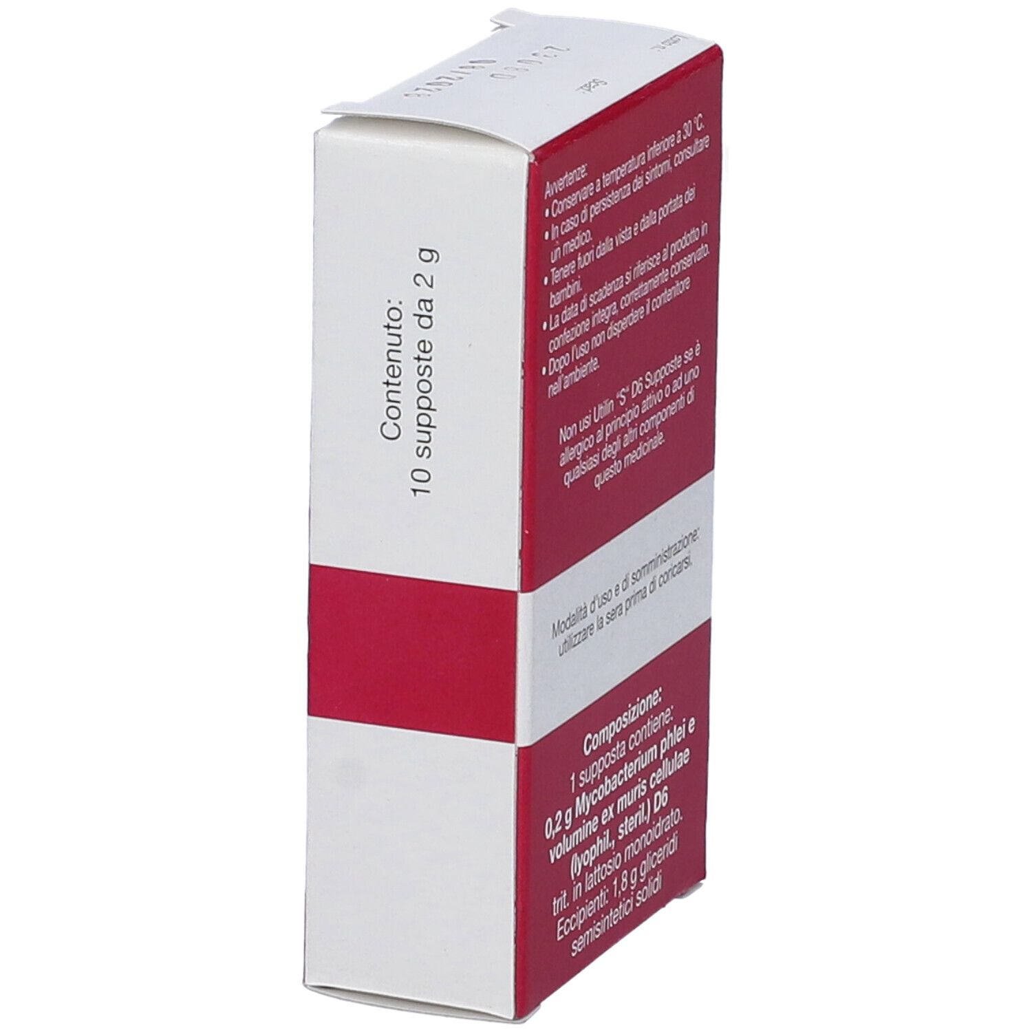 Retro della confezione Utilin "S" D6 Supposte. Testo sugli ingredienti e l'uso.