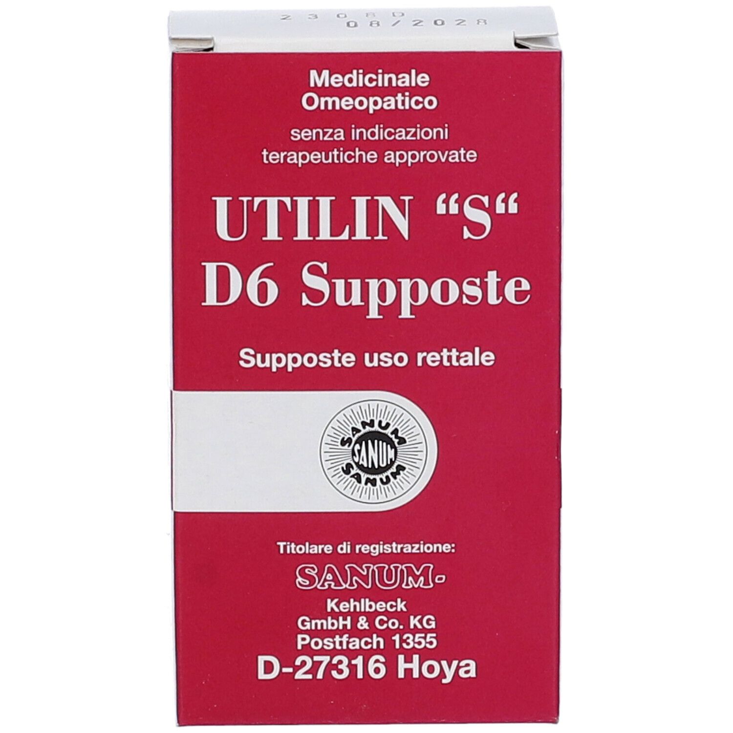 Fronte della confezione Utilin "S" D6 Supposte. Scatola rossa e bianca con nome e logo.