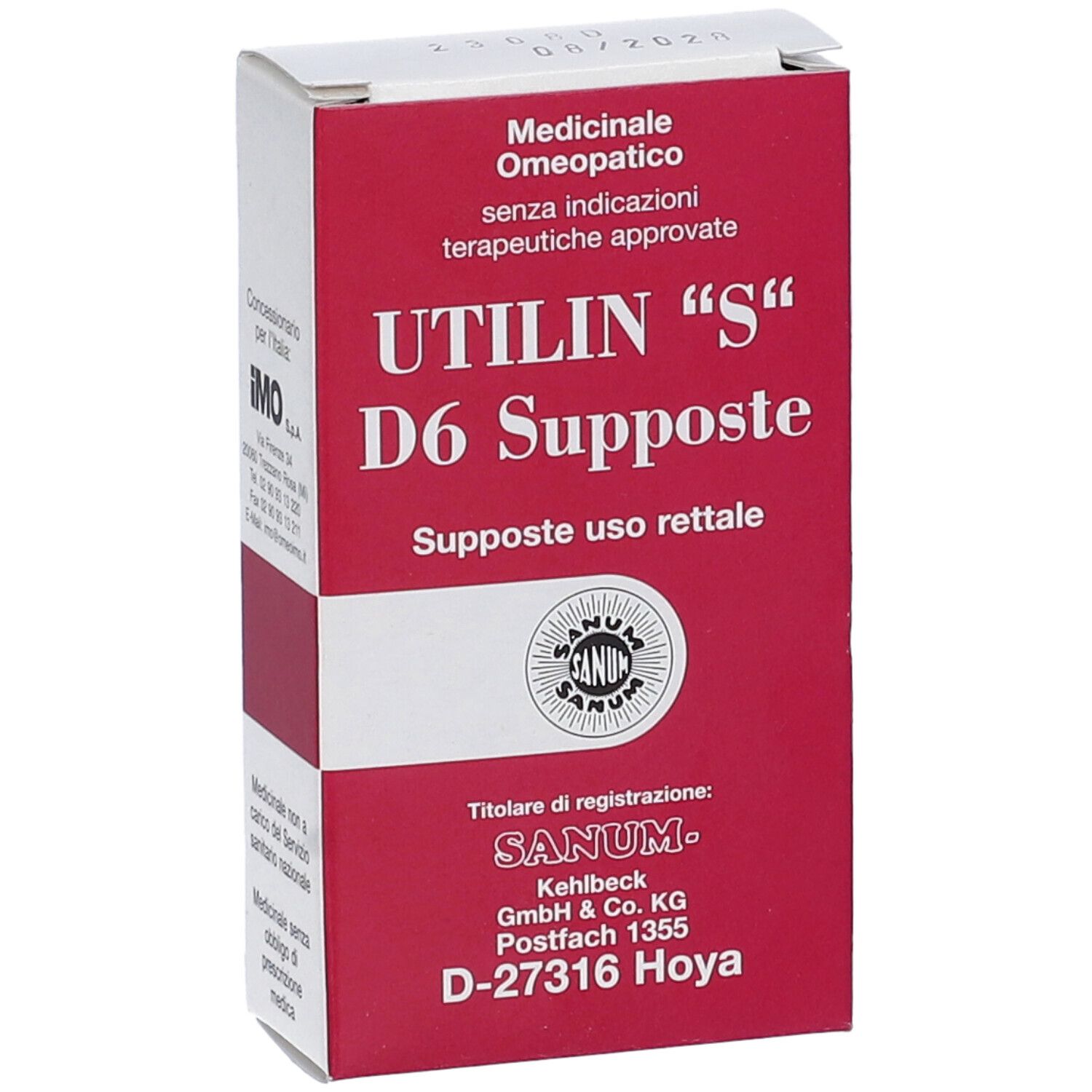 Vista obliqua della confezione Utilin "S" D6 Supposte. Scatola rossa e bianca con testo e logo.