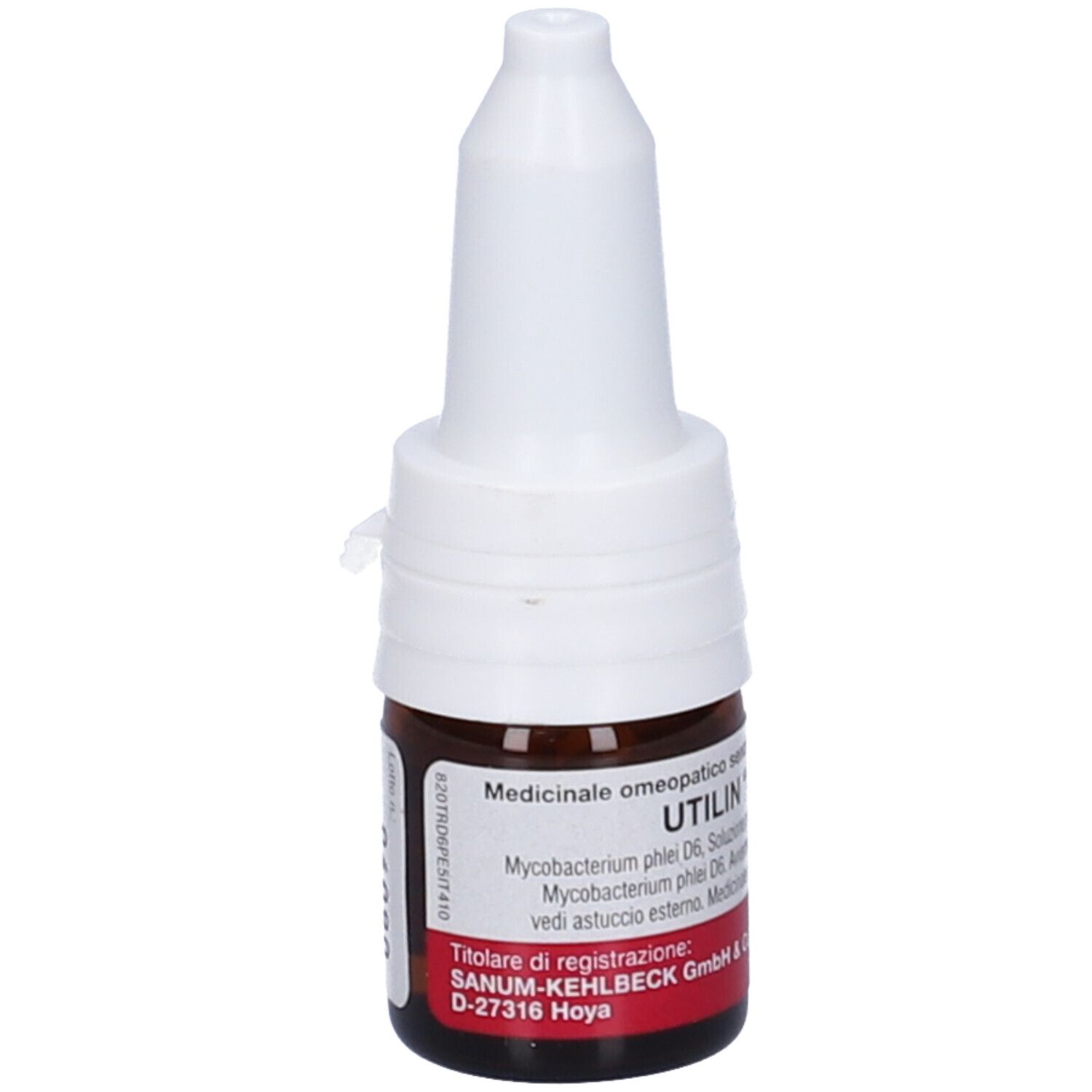 Flacone di vetro marrone con tappo bianco. Scritta: UTILIN "S" D6 Gocce. Etichetta con testo. Flacone contagocce.