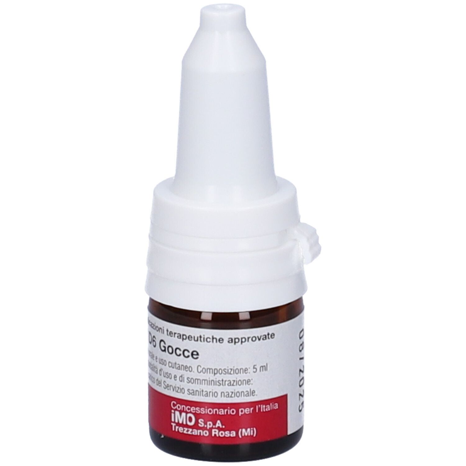 Flacone di vetro marrone con tappo bianco. Scritta: UTILIN "S" D6 Gocce. Etichetta con testo. Flacone contagocce.