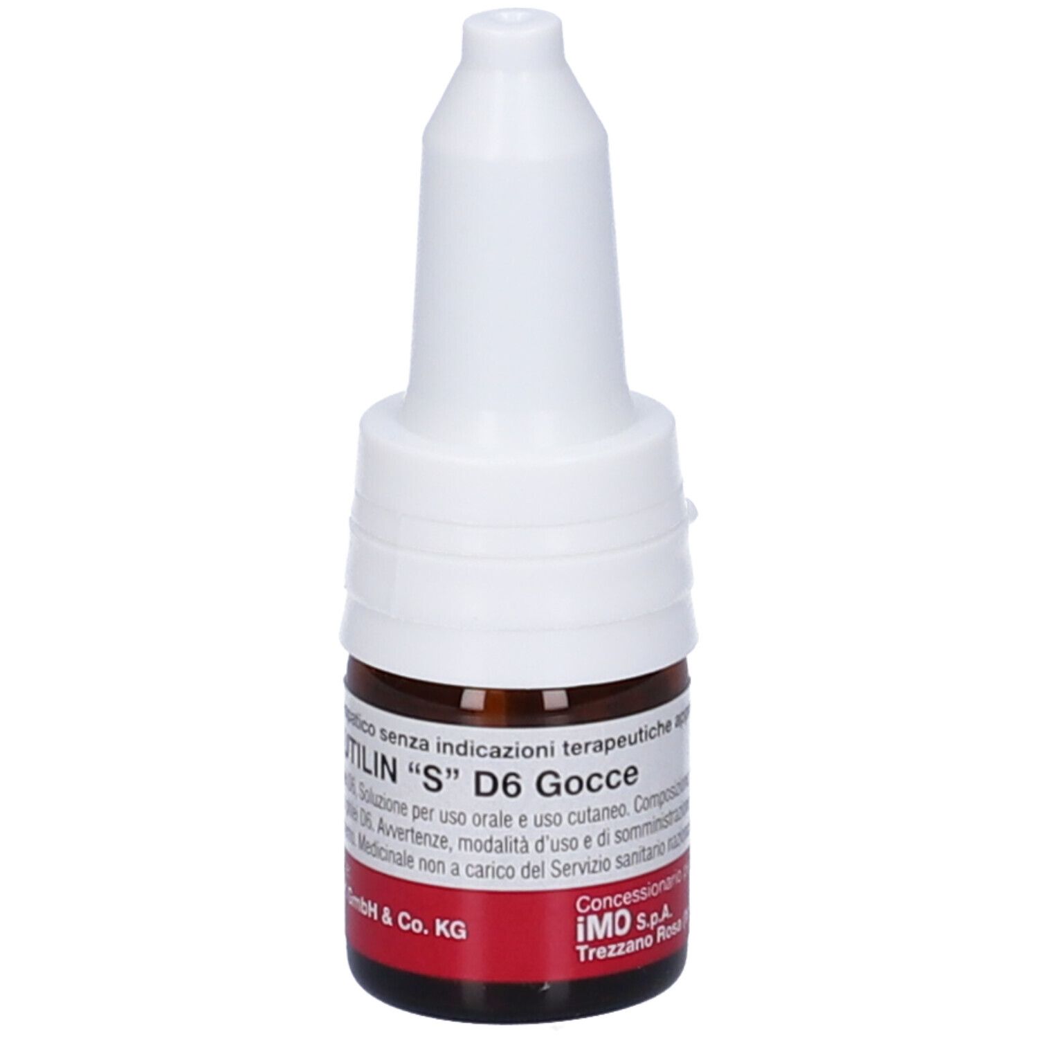 Flacone di vetro marrone con tappo bianco. Scritta: UTILIN "S" D6 Gocce. Etichetta con testo. Flacone contagocce.