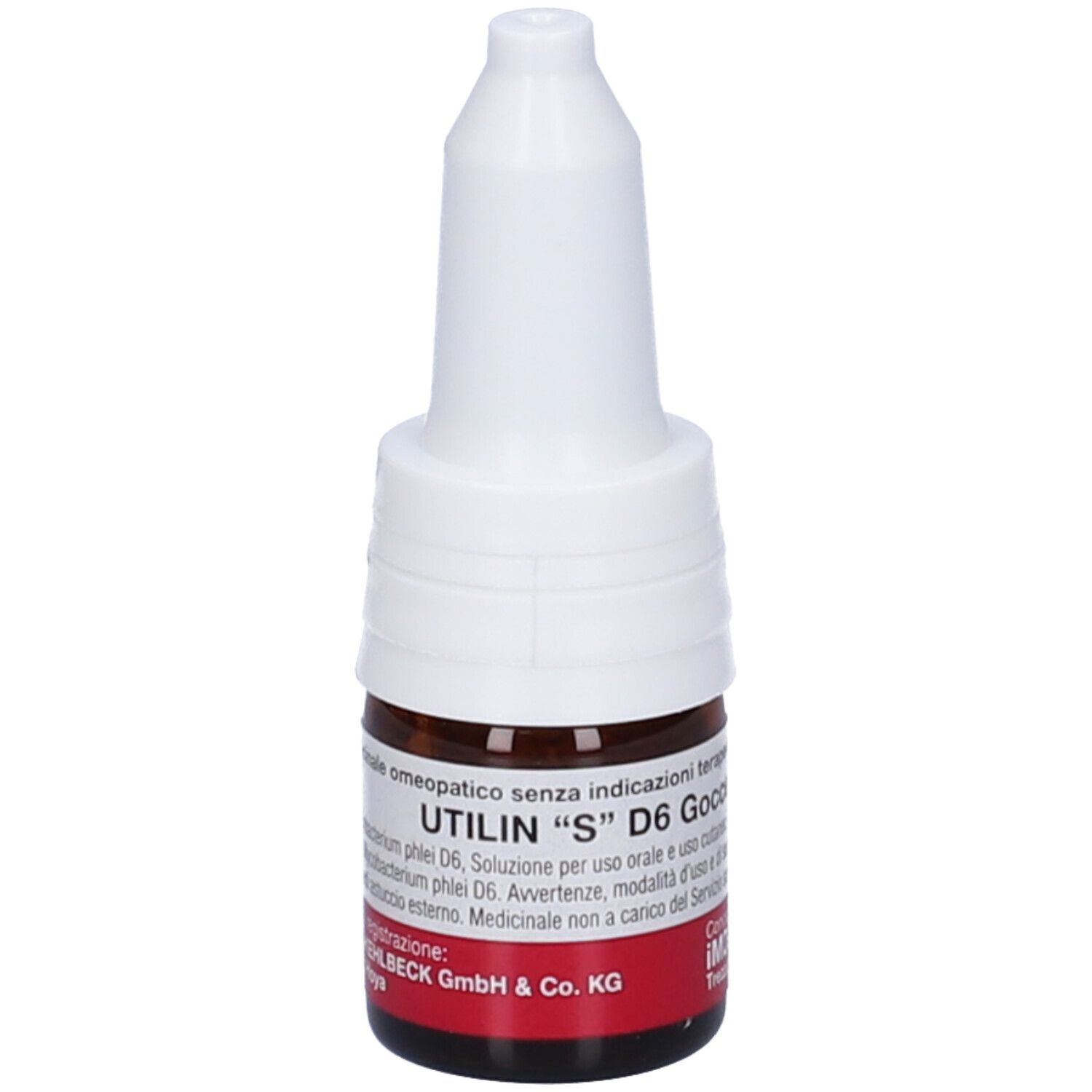 Flacone di vetro marrone con tappo bianco. Scritta: UTILIN "S" D6 Gocce. Etichetta con testo. Flacone contagocce.